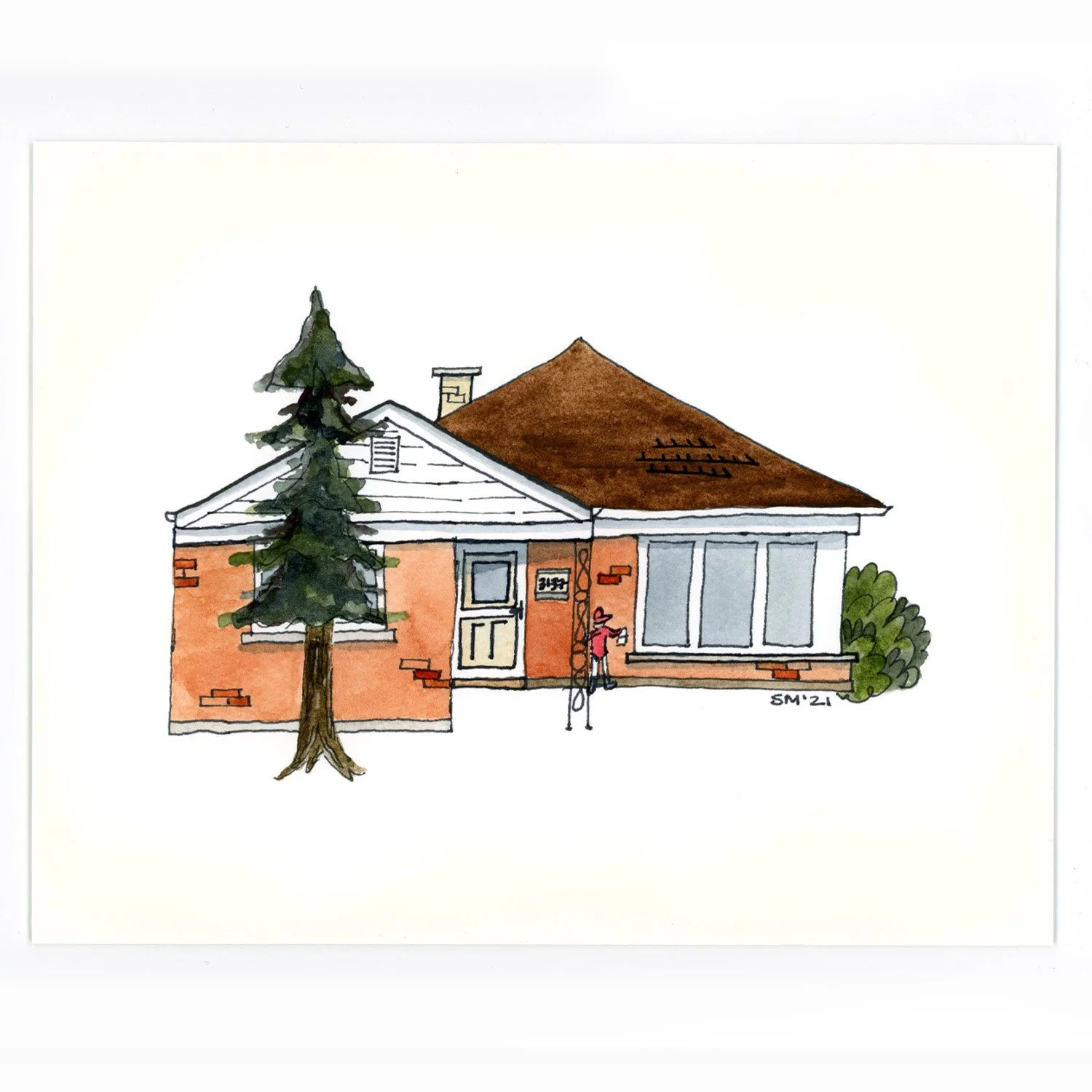 Watercolor illustration of a single-story house with a brown roof, red brick exterior, large front window, and a small front porch. A person is watering a plant in front of the house, surrounded by greenery and a tall tree on the left.