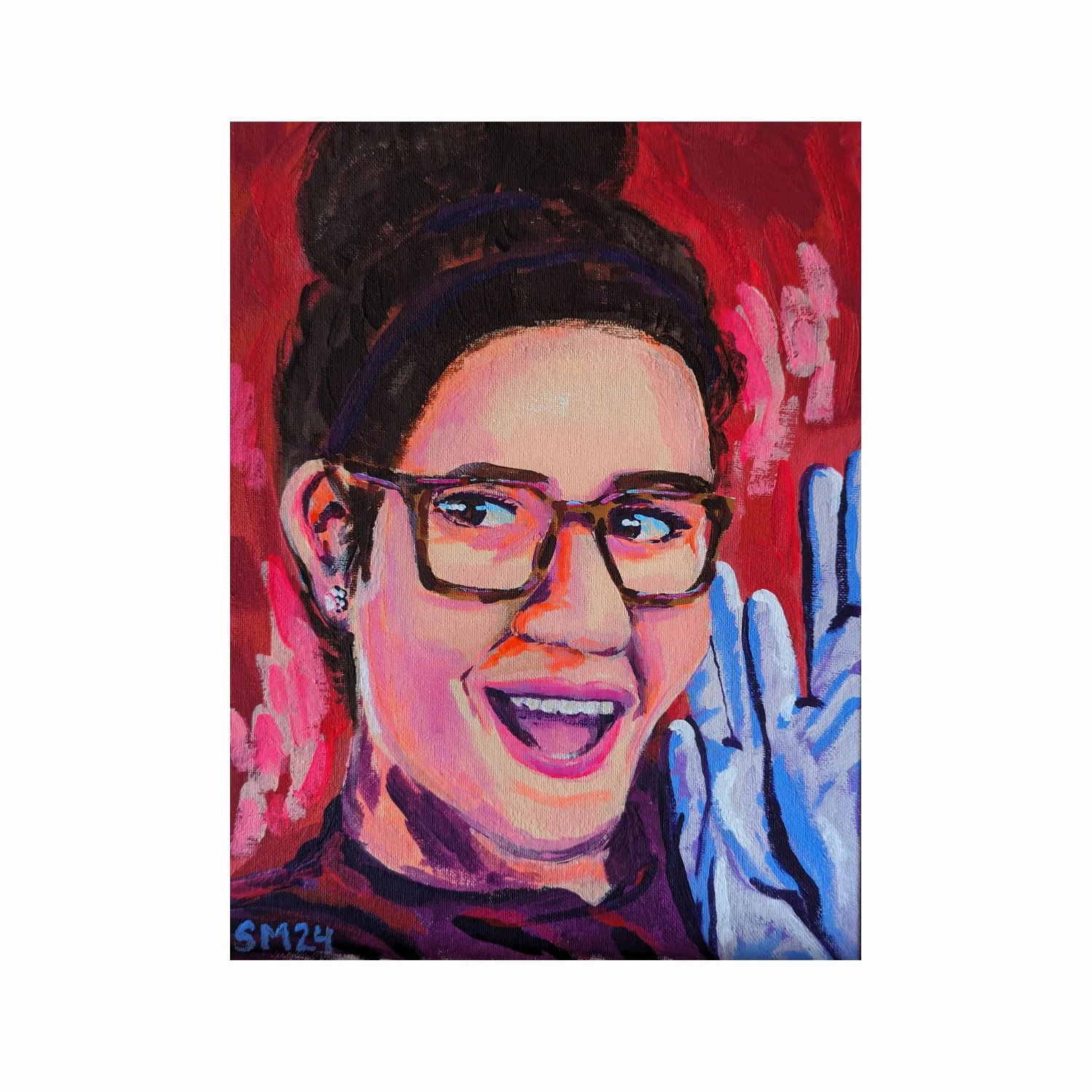A colorful painting of a woman with glasses, smiling and winking, with a red background, wearing a striped shirt and earrings.