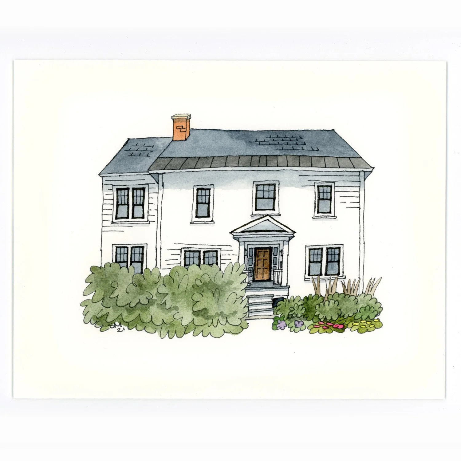 A watercolor illustration of a two-story house with white siding, black window frames, and a dark gray roof. There are bushes and flowers in front of the house and a small step leading to the front door.