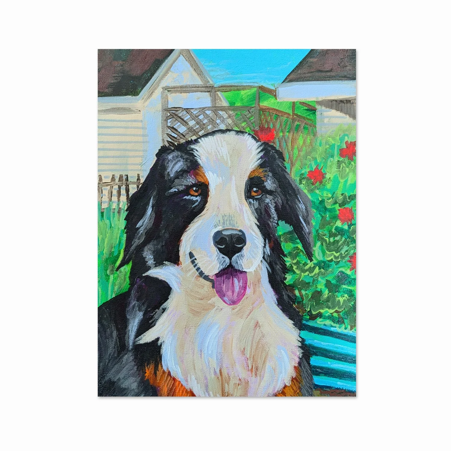 Painting of a black and white dog with brown eyes, tongue out, in a backyard with green plants, red flowers, a lattice fence, and a house with a blue sky in the background.