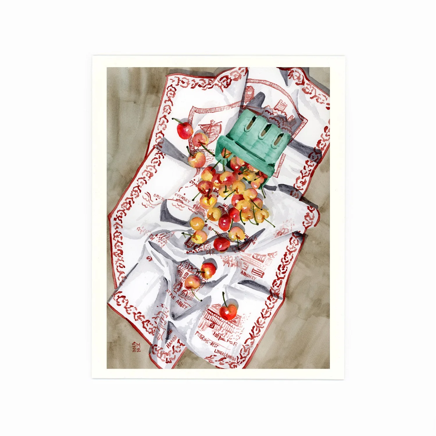 A watercolor painting of a white cloth with red decorative borders and text, placed on a beige surface. On the cloth, there is a green egg carton, a few cherries with stems, and some scattered cherries.