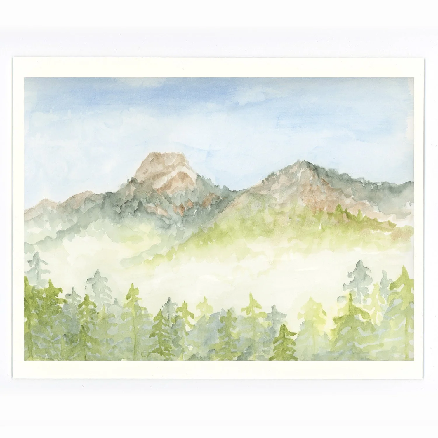 Watercolor painting of mountainous landscape with trees in foreground, rolling hills in middle ground, and blue sky with clouds overhead.