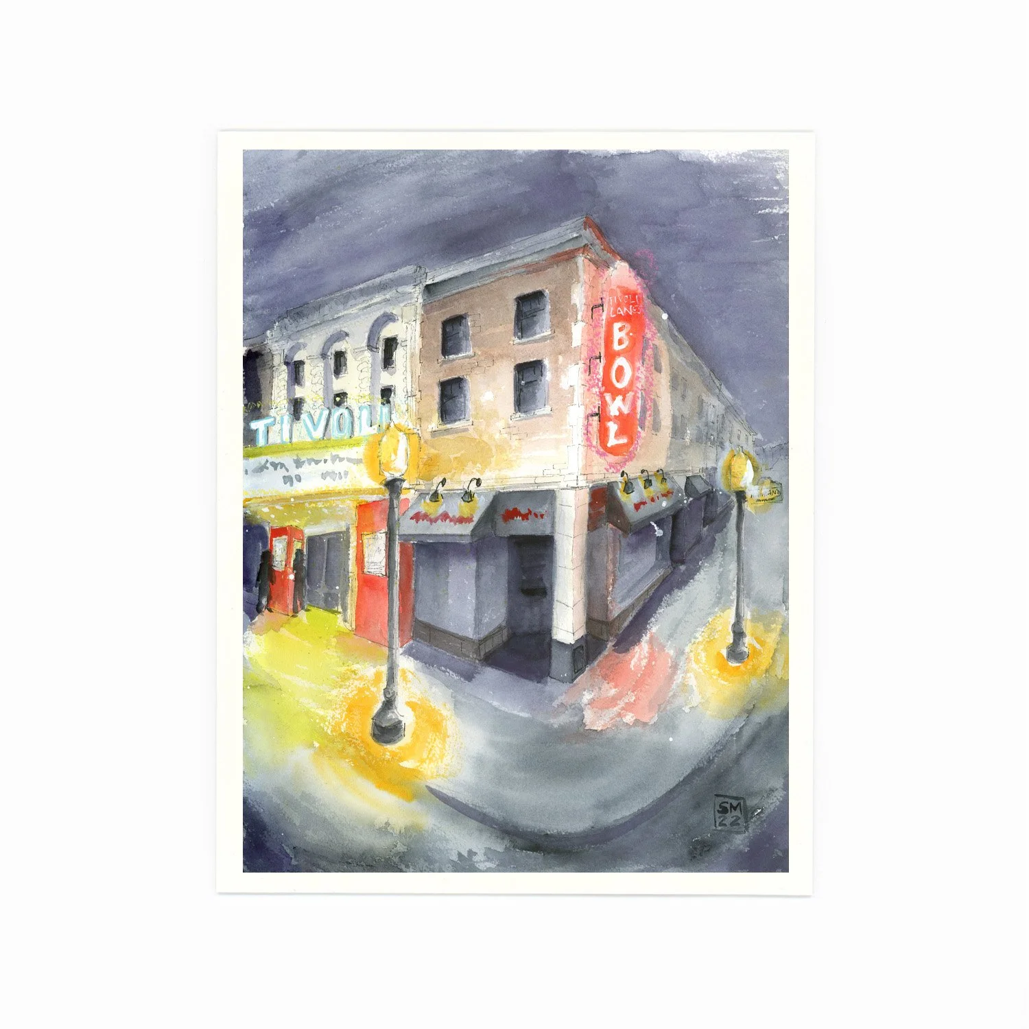 Watercolor painting of a corner building at night with neon signs reading "Tivoli" and "BOWL" under stormy dark sky, illuminated street lamps, and wet sidewalk.