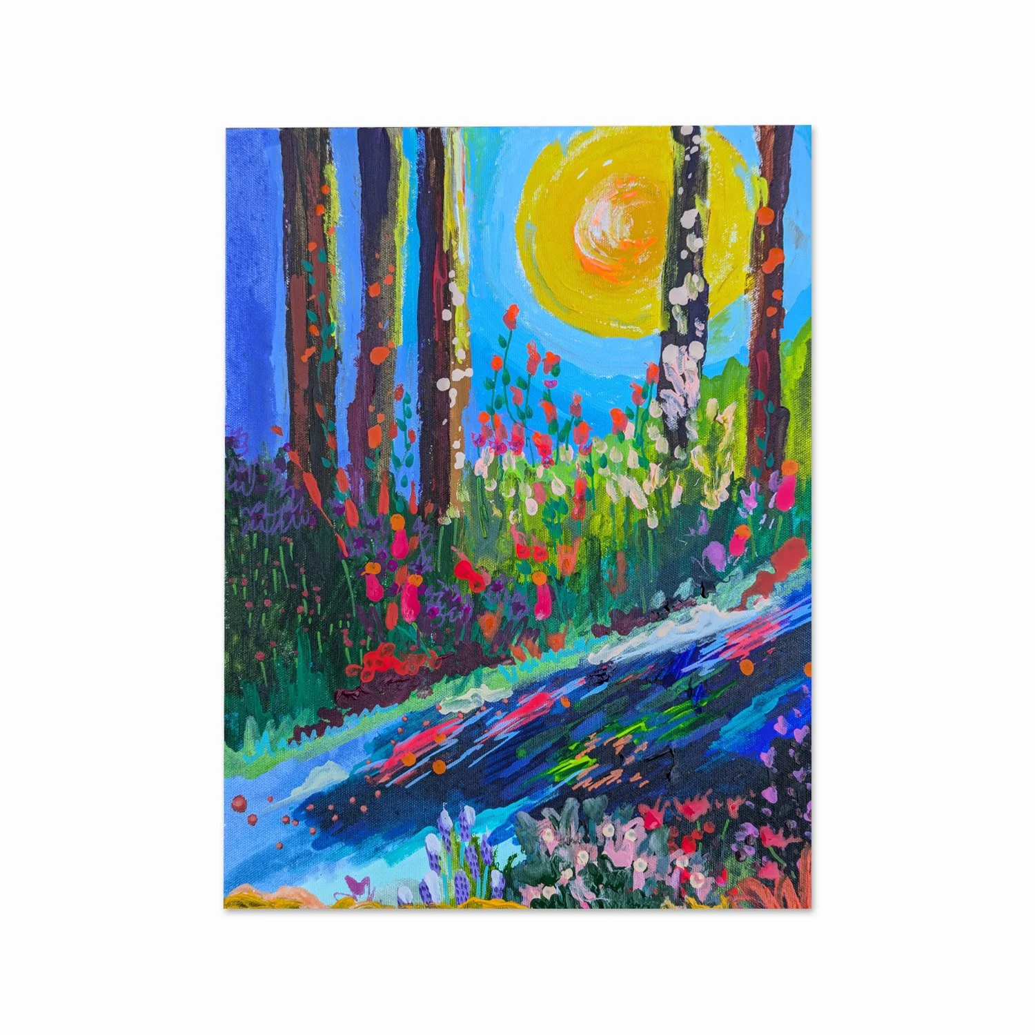 An impressionist painting of a forest scene with colorful trees, a bright yellow sun, and vibrant flowers along a winding path.