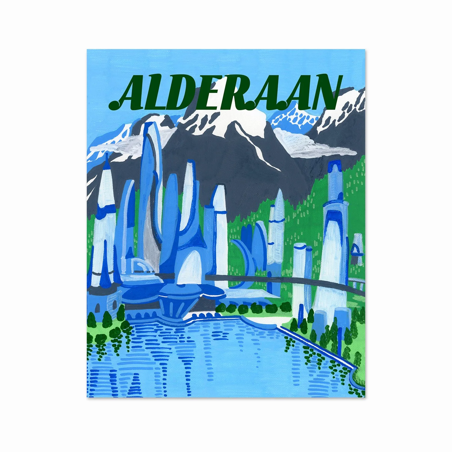 A blue and white illustrated poster of a cityscape with mountains in the background, including structures resembling fountains, skyscrapers, and a reflective body of water in the foreground, with the word 'ALDERLAN' written in green over the mountain