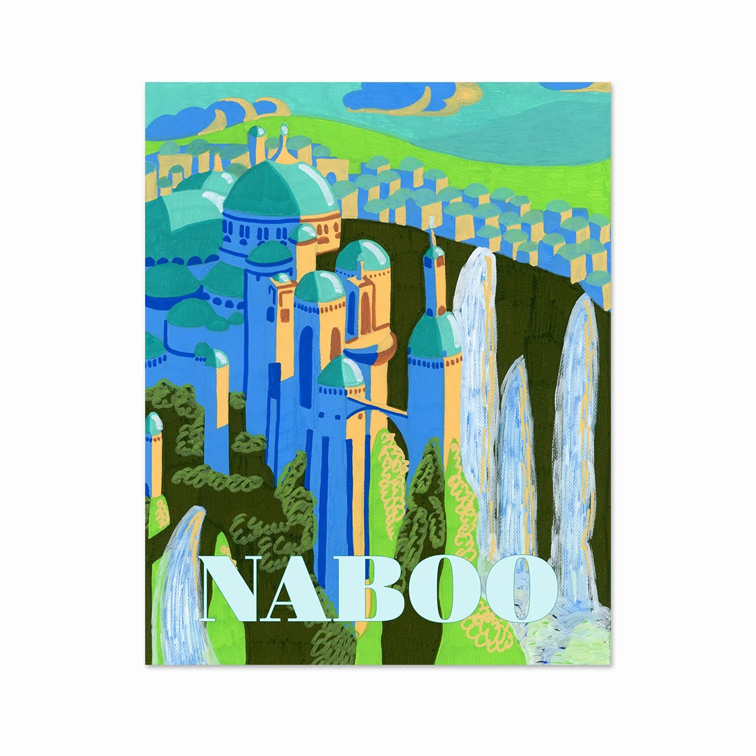 Colorful illustration of a castle or palace with multiple domes, surrounded by lush green landscapes, waterfalls, and a city skyline in the background. The word 'NABOO' is written at the bottom.