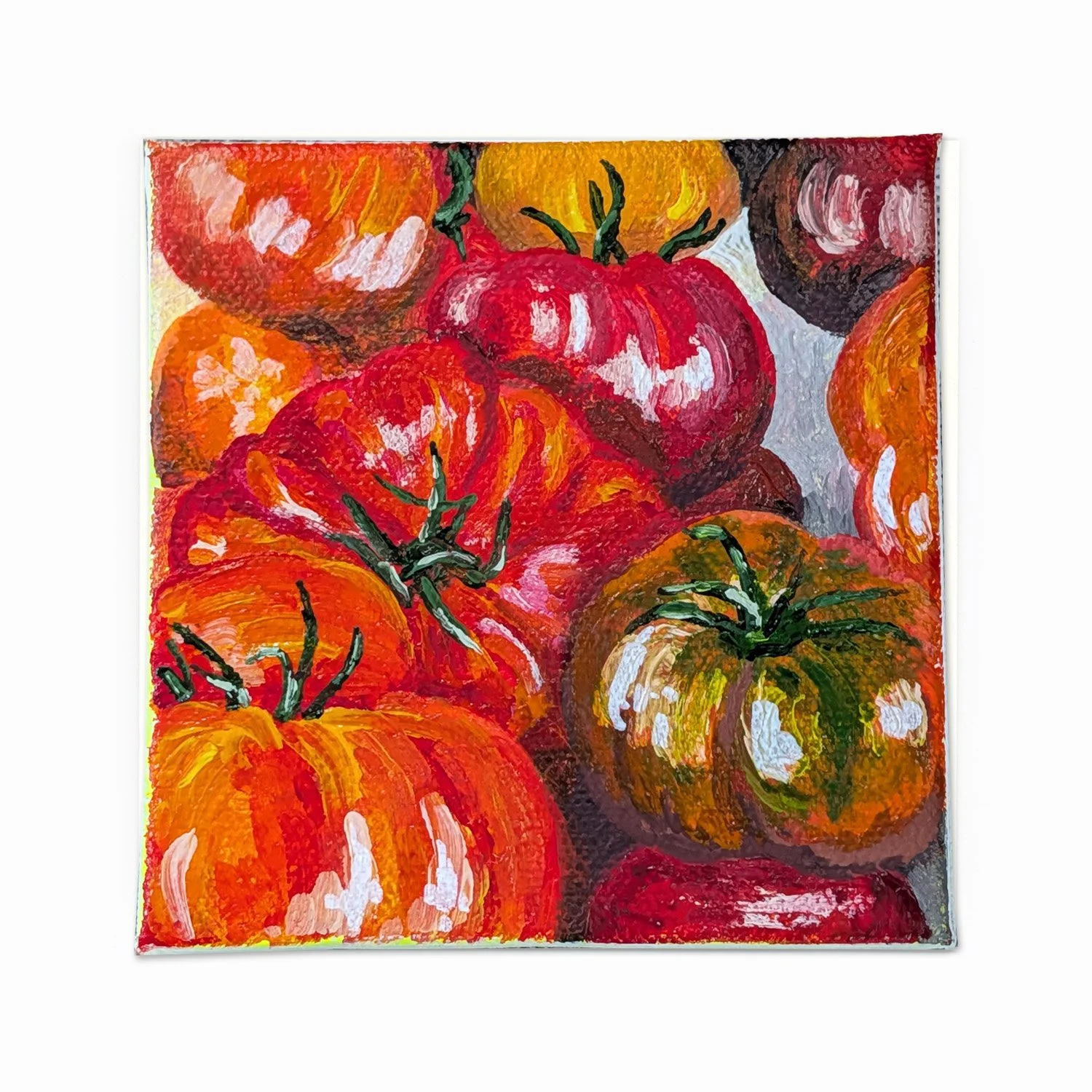 A colorful painting of various tomatoes in different shades of red, orange, yellow, and green, with visible brushstrokes and a textured appearance.