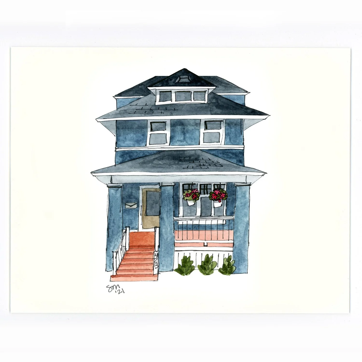 Watercolor illustration of a blue, three-story house with a front porch, stairs, and hanging flower baskets, signed 'SM 21' at the bottom.