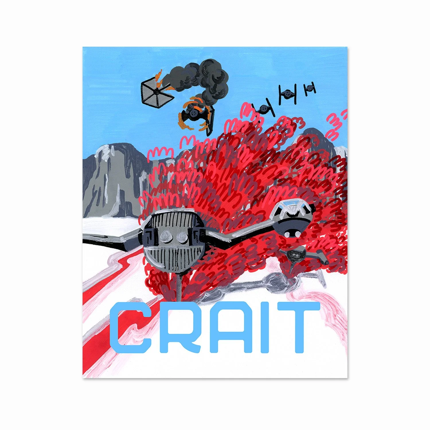 Poster featuring a stylized illustration of a black airplane crashing through red trees, with helicopters, mountains, and a blue sky in the background, and the word 'CRAIT' in large blue letters at the bottom.