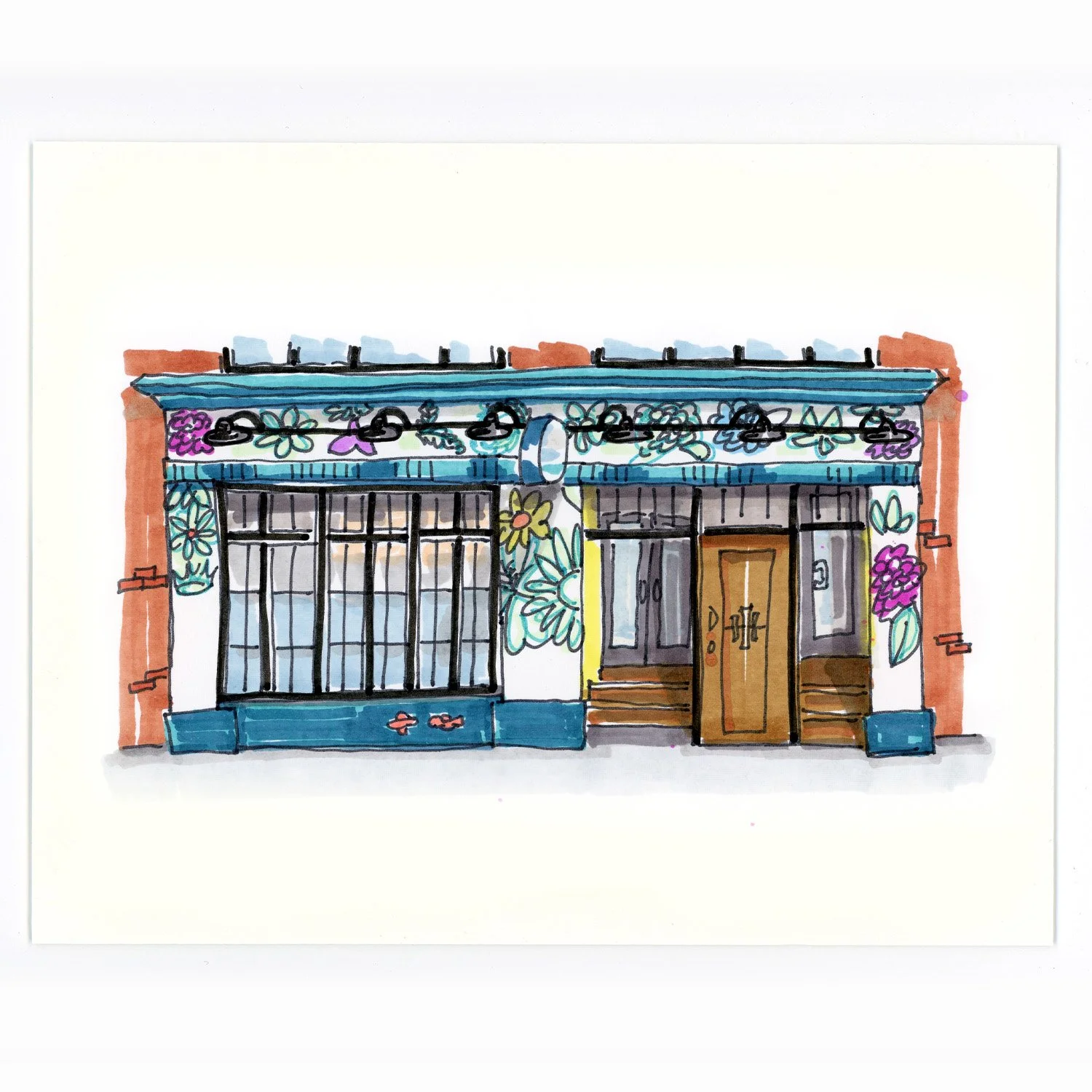 Hand-drawn illustration of a storefront with large windows, a wooden door, and decorative flowers on the facade.