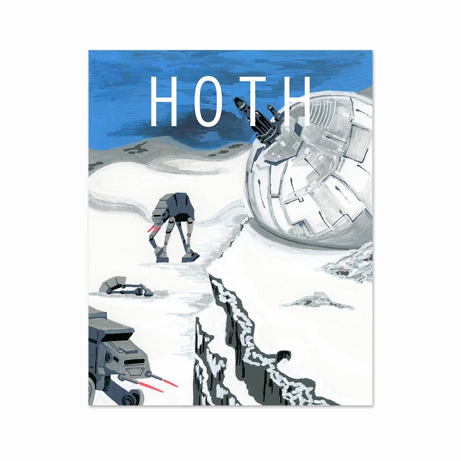 Illustration of a snowy landscape on the moon, featuring a large crated structure, a robotic rover with laser equipment, and a humanoid robot walking in the snow.