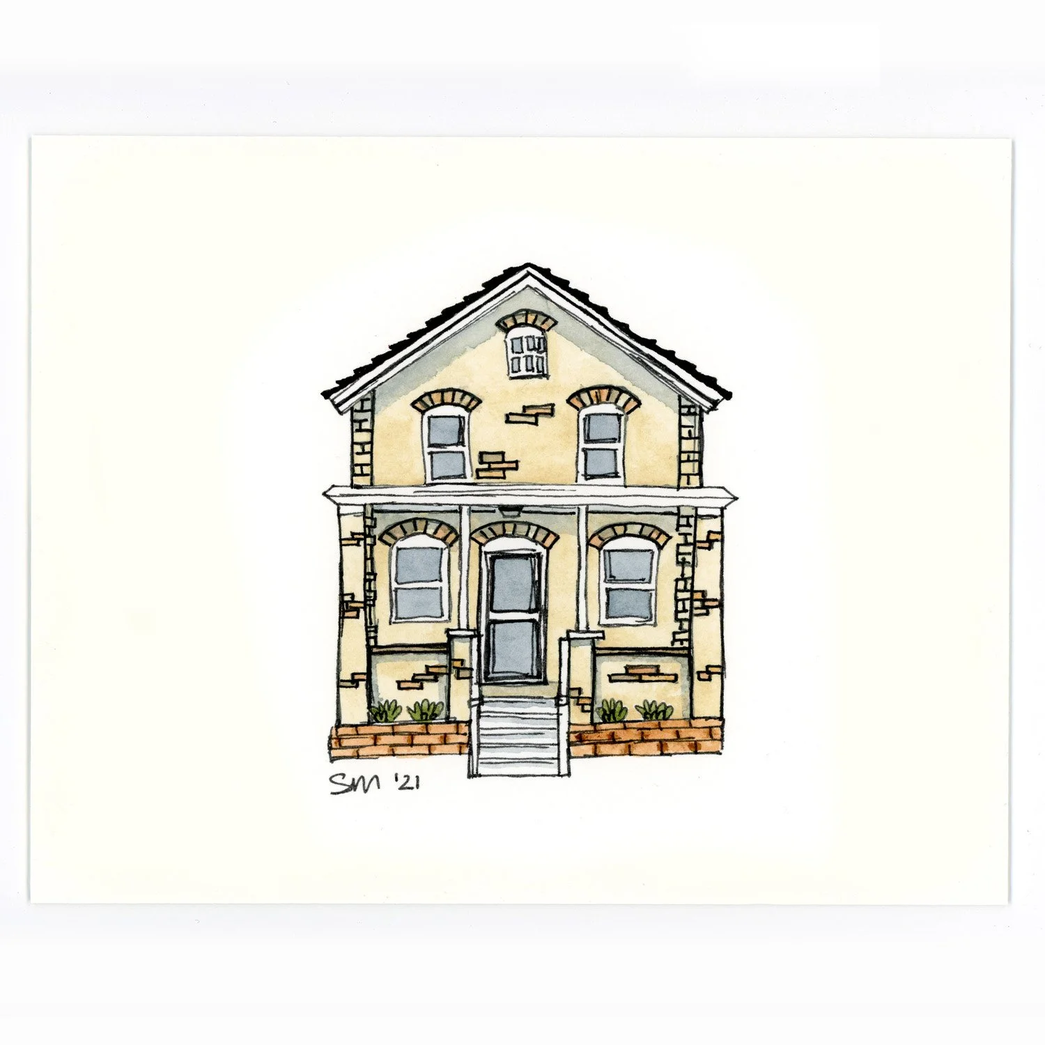 A watercolor illustration of a two-story yellow and brown brick house with a front porch, stairs, and multiple windows, signed 'SM '21' at the bottom left corner.
