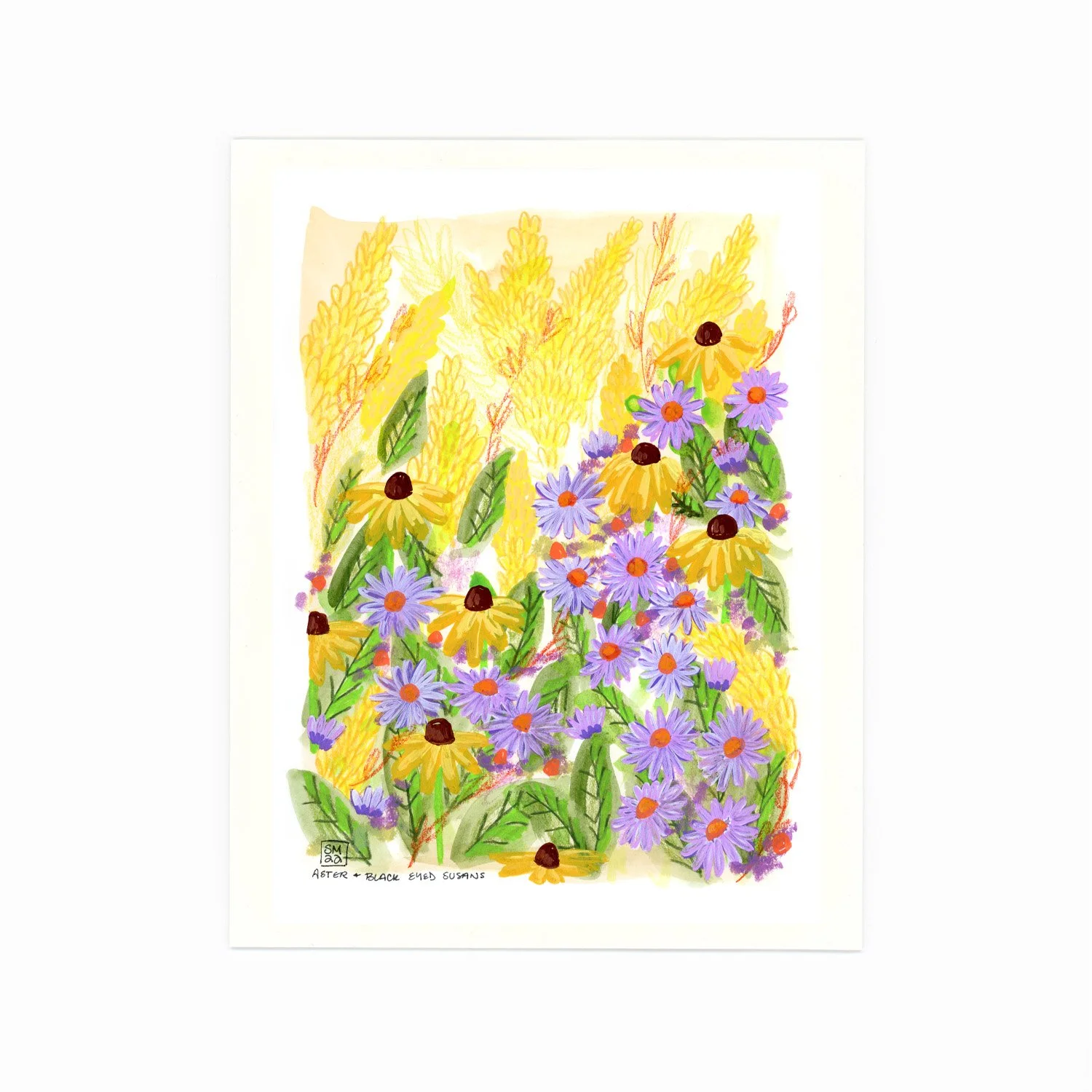 A colorful watercolor painting of yellow and purple flowers with green leaves and wheat stalks in the background. The artwork is signed "SM 20" and includes a handwritten note: "After Black Eyed Susans."
