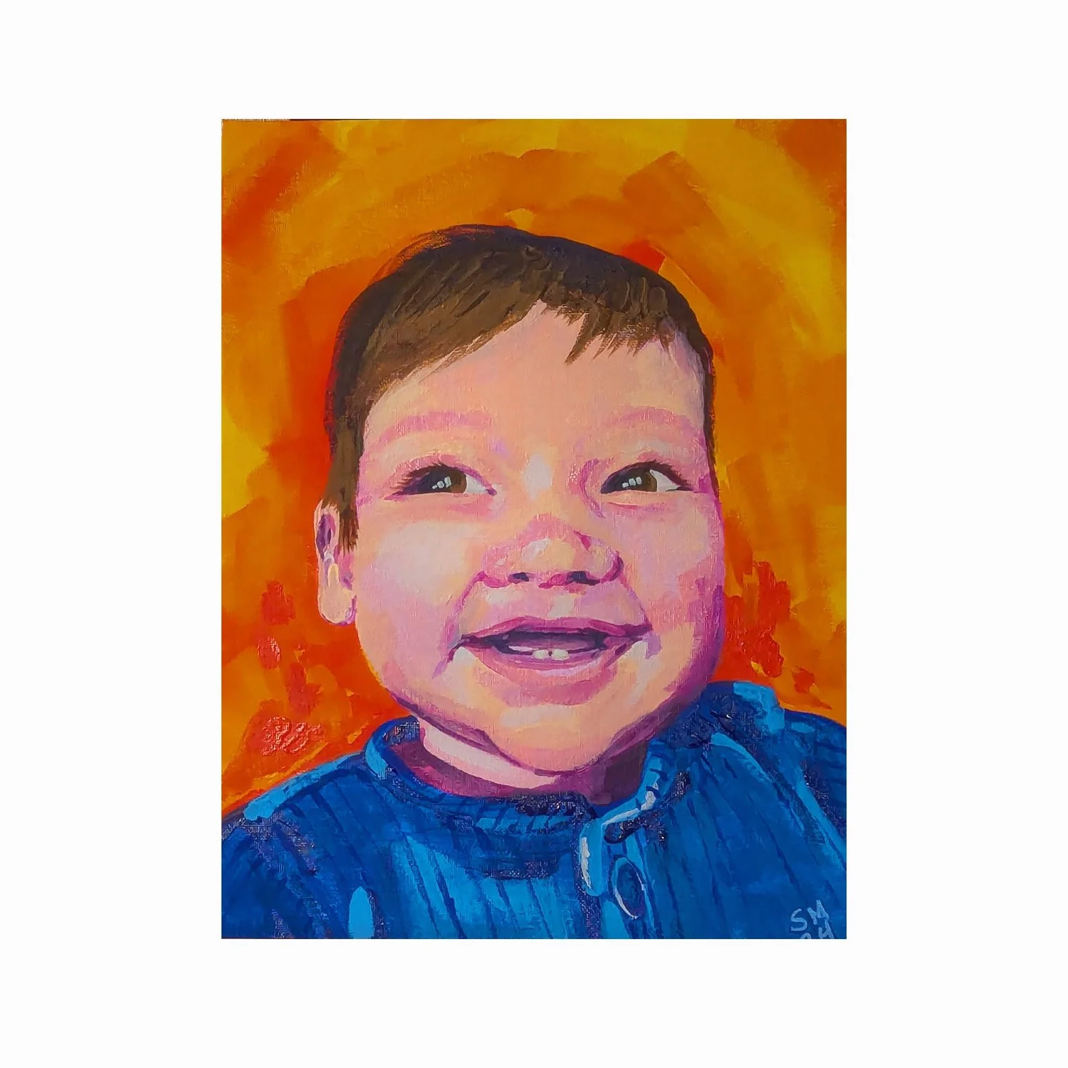 Colorful painting of a smiling young child's face with dark hair and wearing a blue shirt, set against an orange and yellow background.