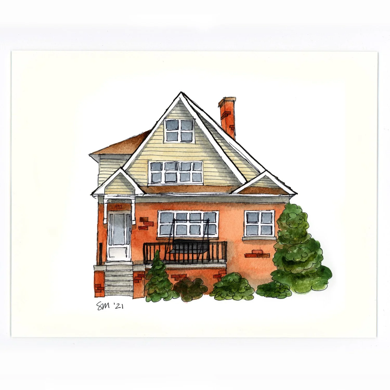 Watercolor illustration of a two-story house with a front porch, stairs, and surrounding greenery.