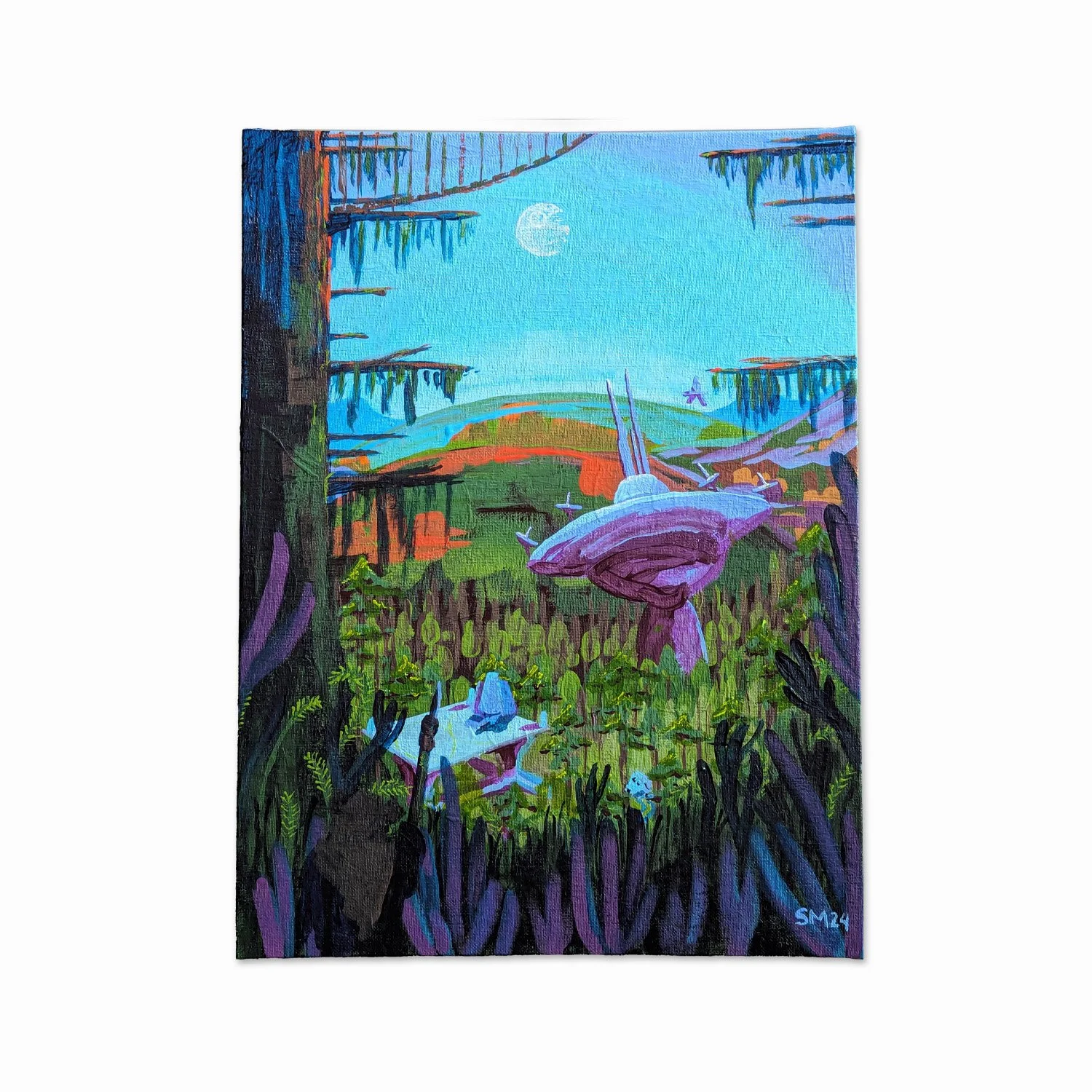 A colorful landscape painting of a hillside scene with a bright blue sky, full moon, tall grass, large pink mushrooms, trees with hanging moss, and rolling hills in the background.