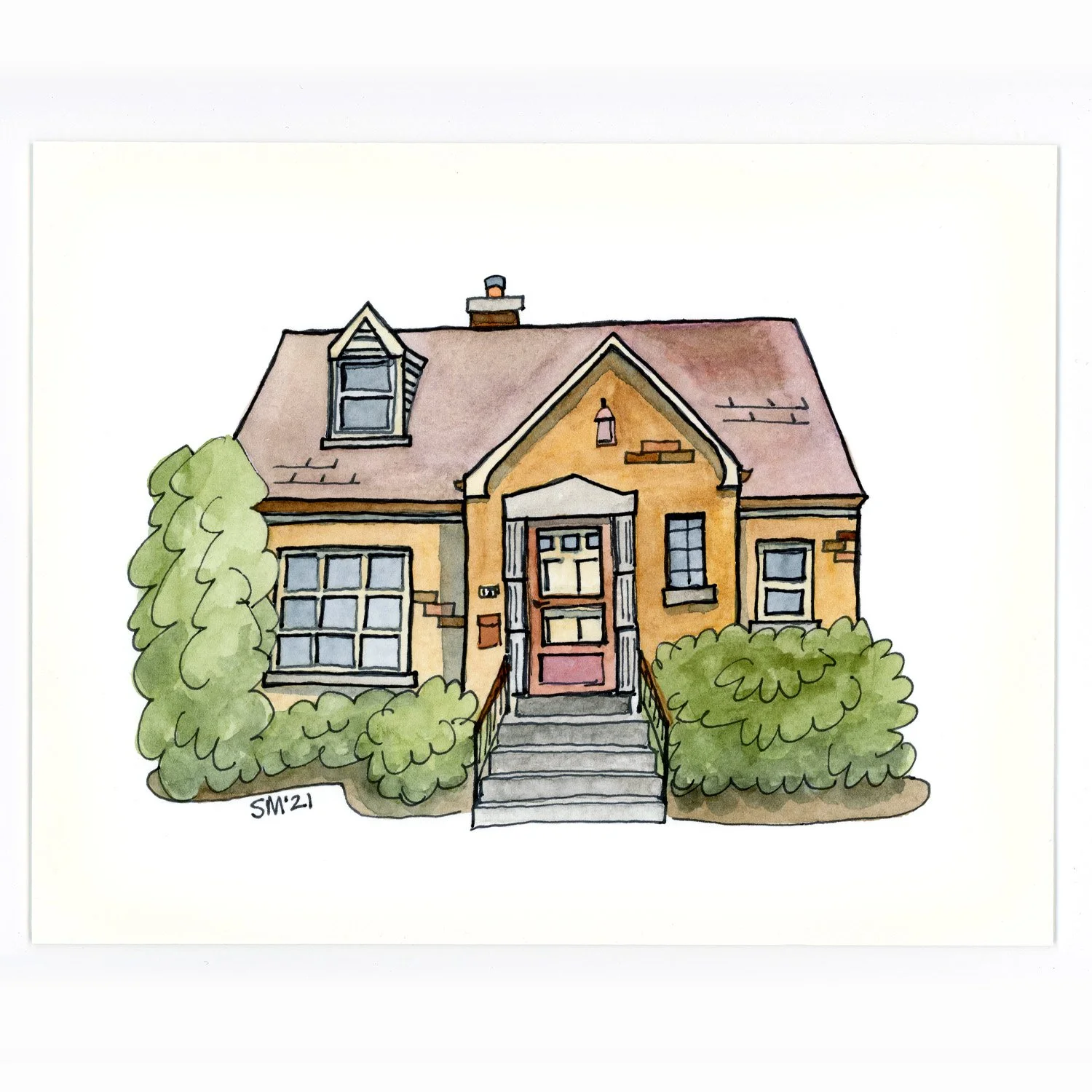 A watercolor illustration of a yellow two-story house with a brown roof, front steps, a porch with a door, multiple windows, surrounded by green bushes, with a large tree on the left side.