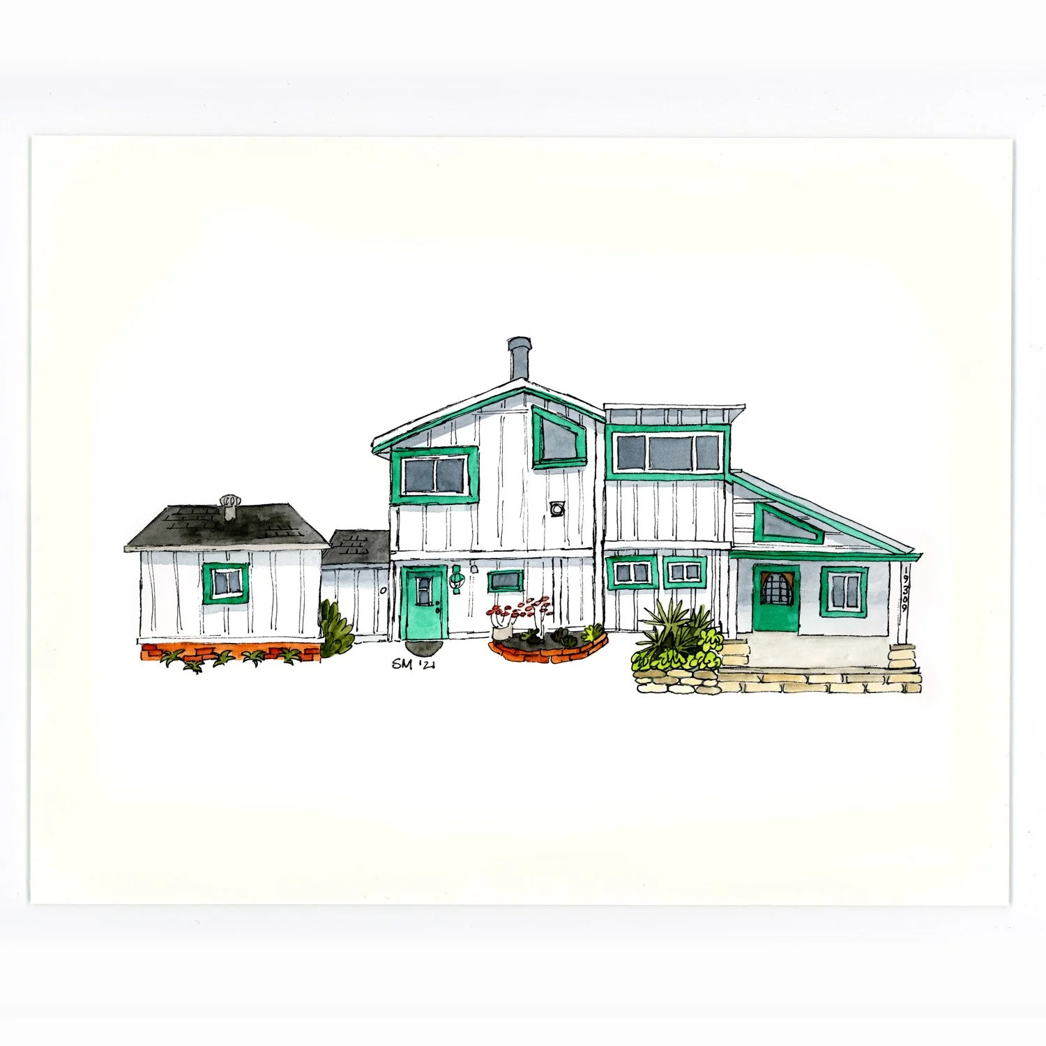 Illustration of a modern two-story house with a small single-story section, painted white with teal transformers around windows and doors, brick and stone accents, and landscaped front yard with plants and flowers.