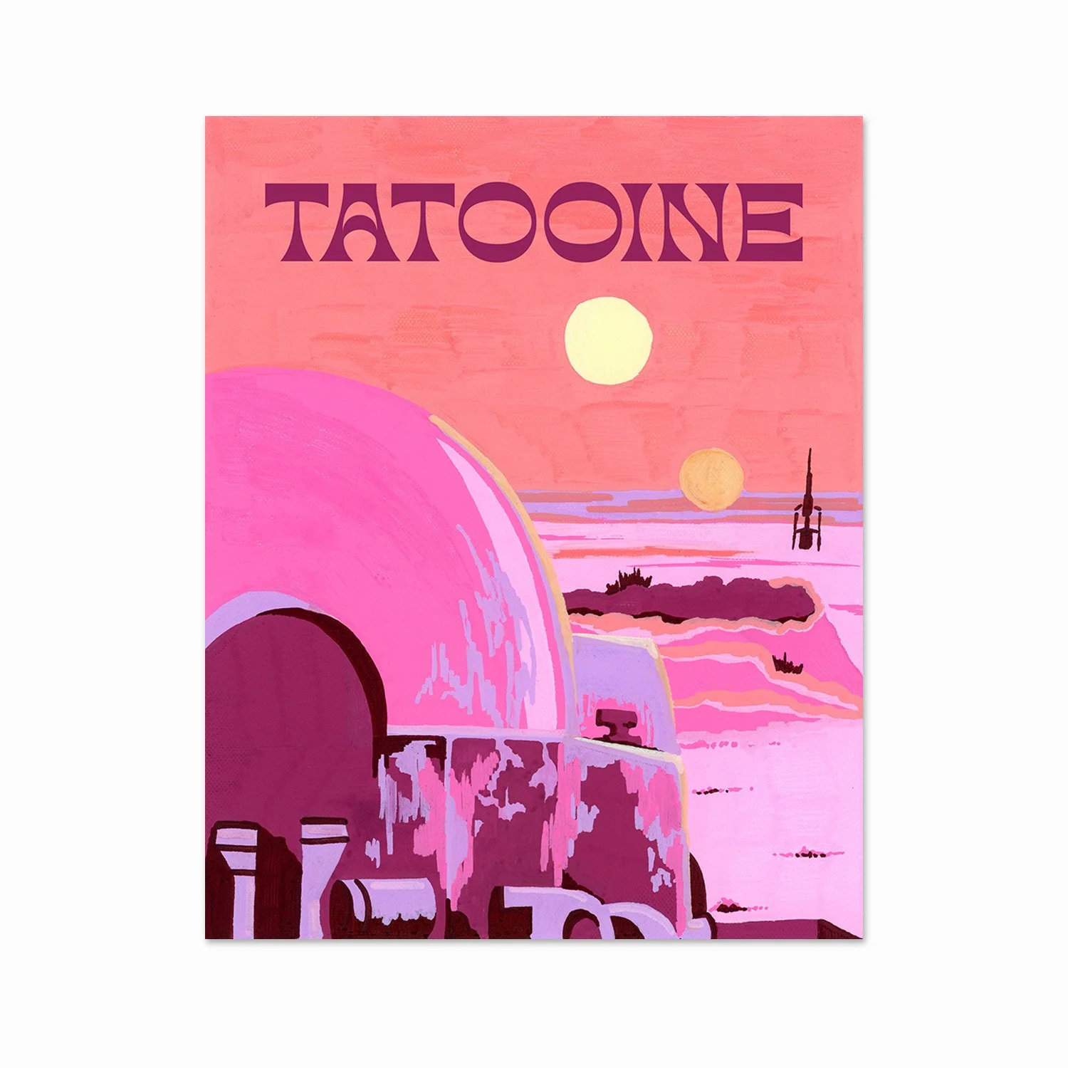 A stylized painting of the ocean at sunset with two suns, pink and purple cliffs, and a pink sky with the word 'TATOOINE' in large, purple letters at the top.
