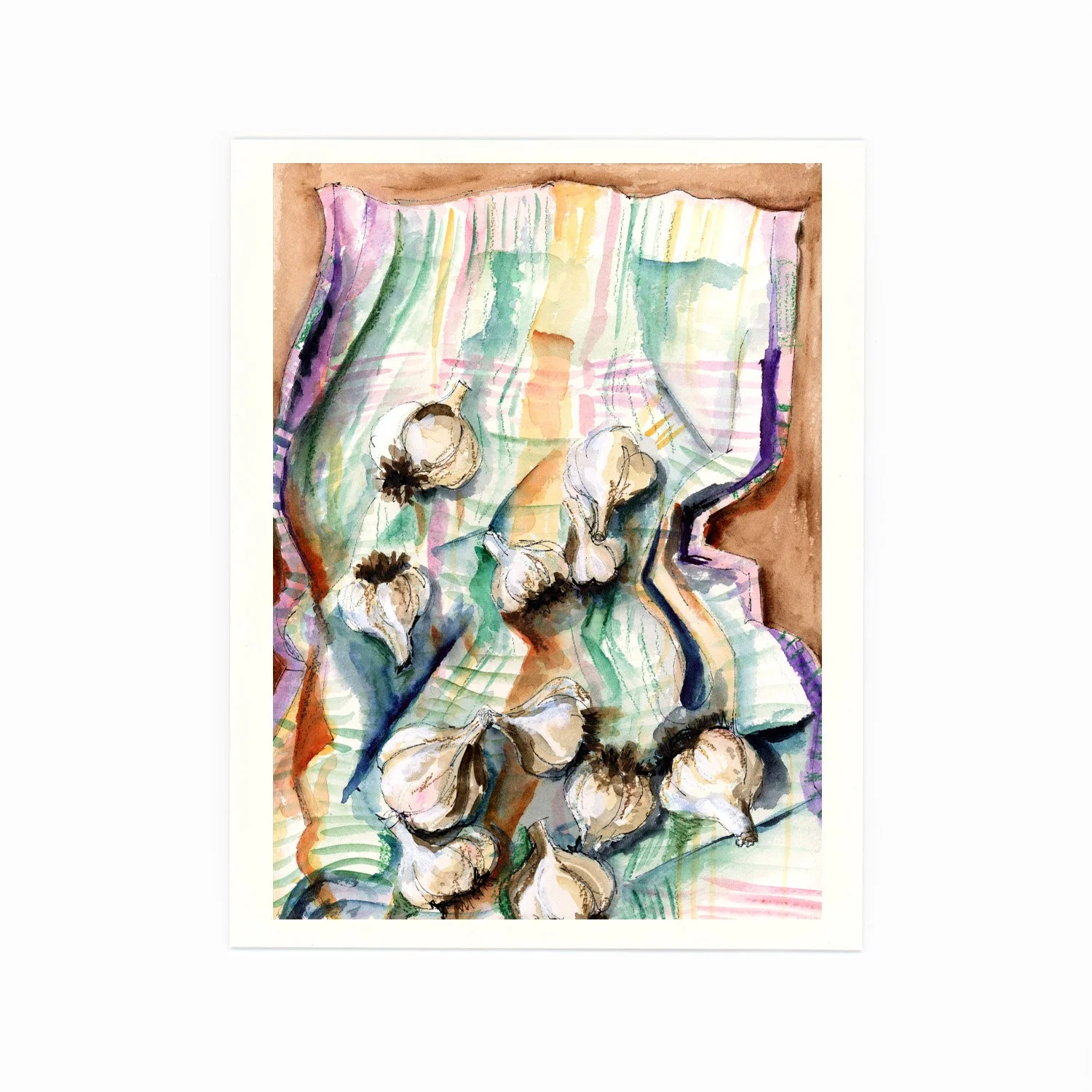 Watercolor painting of a table loaded with garlic bulbs and a checkered tablecloth with pastel colors.