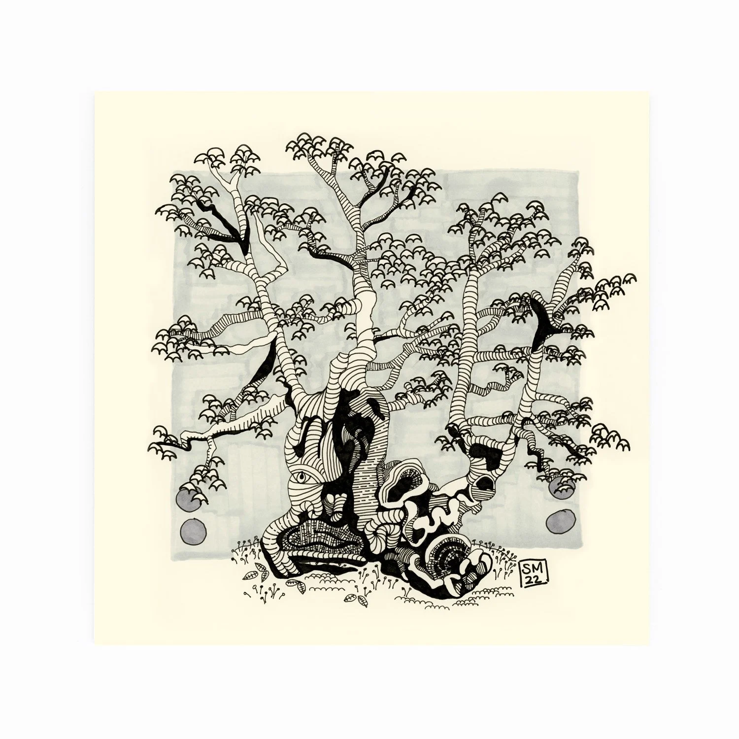 A black and white artistic illustration of a gnarled old tree with many branches and small leaves, with a cloudy gray background and small rocks at the base.