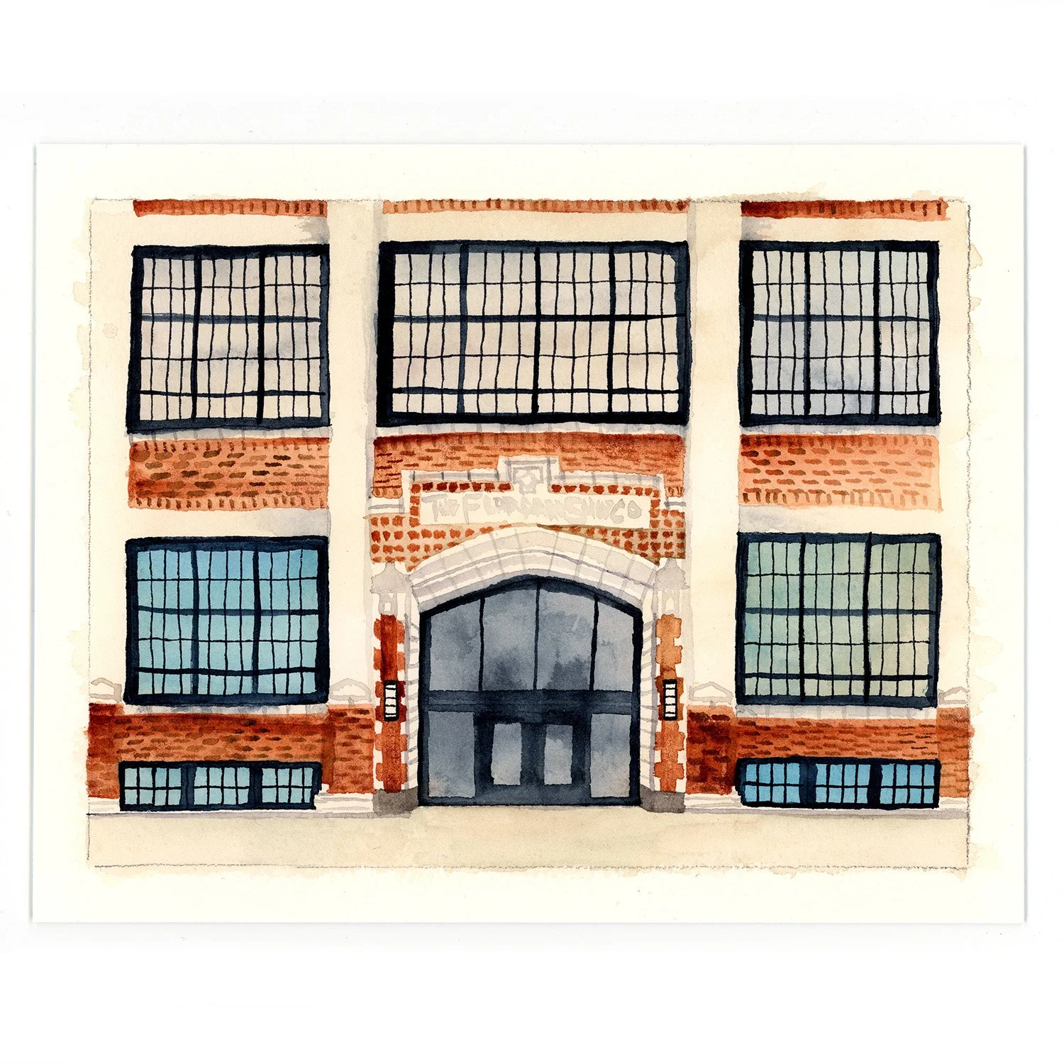 Watercolor painting of a brick building with large black-framed windows, an arched main entrance, and a sign above the entrance with illegible text.
