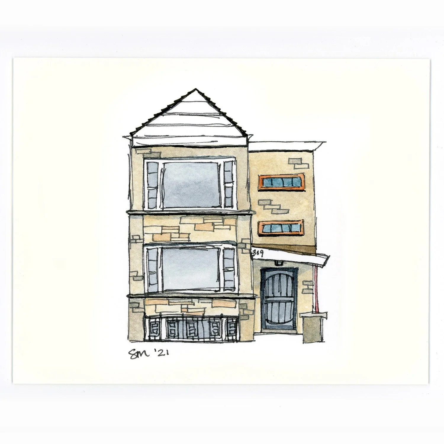 Watercolor illustration of a three-story house with a stone facade, large front windows, a black arched front door, and decorative wrought iron gate, signed 'SM 21'.