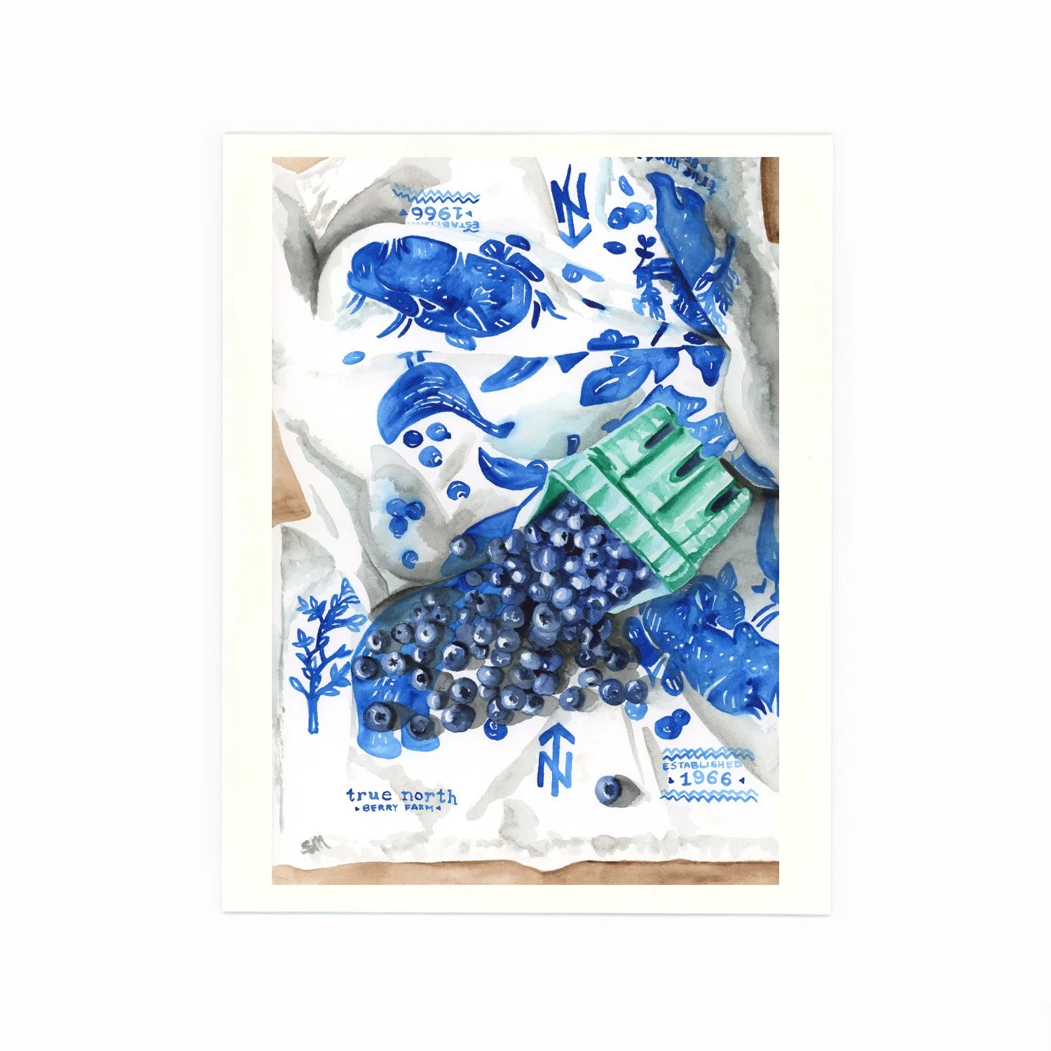 Watercolor illustration of blueberries spilling from a green box, with some scattered on a white and blue patterned cloth. The text reads 'true north berry farm' and 'established 1966' with decorative elements.