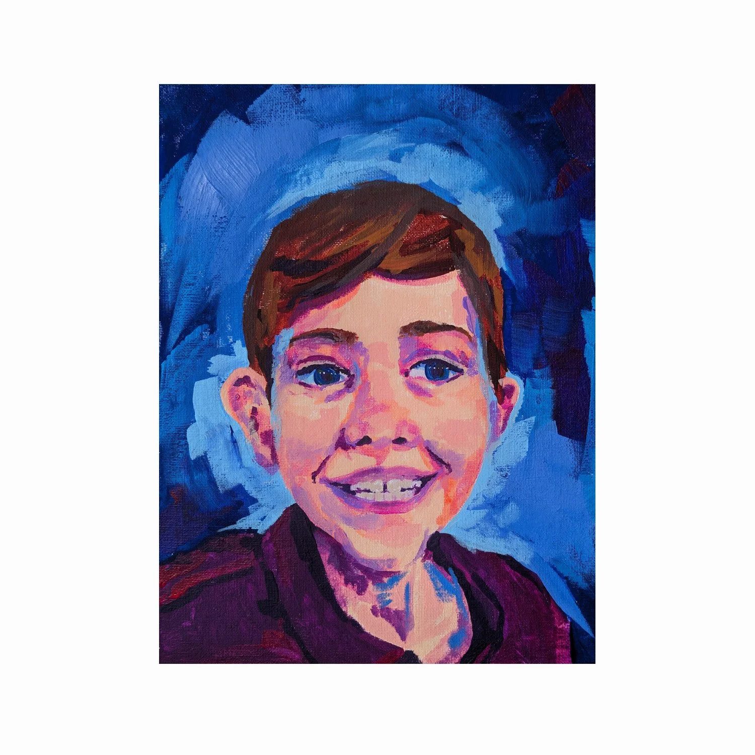 Colorful portrait of a smiling young boy with brown hair, blue eyes, and a dark shirt, painted in a vibrant, expressive style with bold brushstrokes.