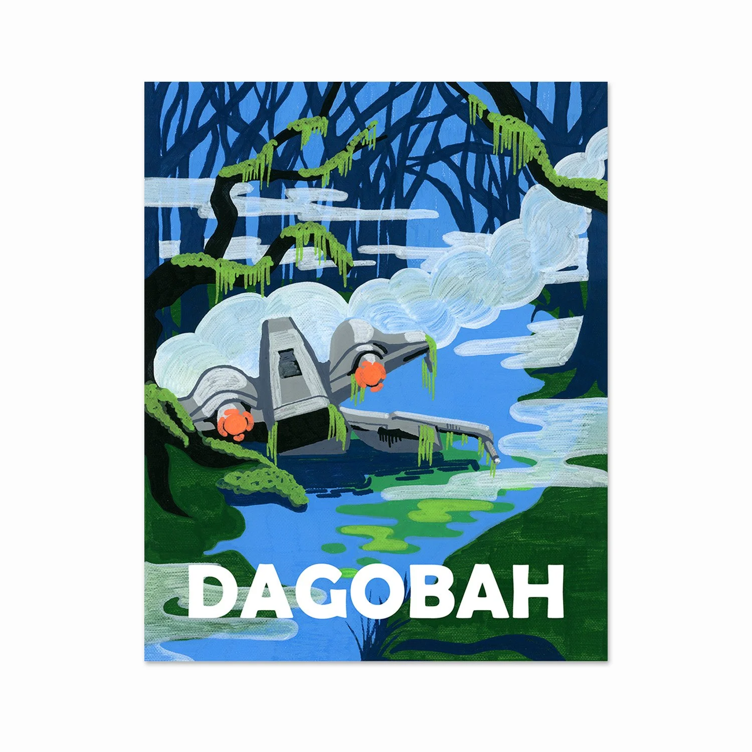 A book cover with an illustration of a steam train in a lush, misty forest surrounded by water. The scene is painted with shades of blue, green, and black, with moss hanging from tree branches. The title of the book is in large white letters at the b