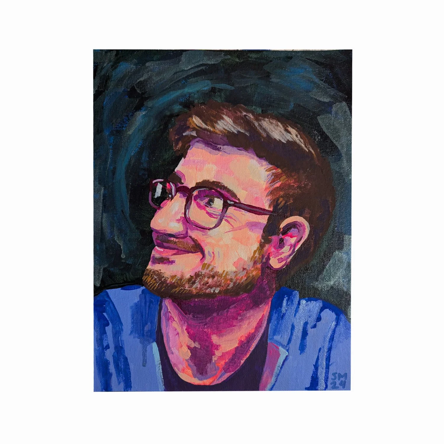 Colorful portrait of a man with glasses, brown hair, and a beard, wearing a blue shirt, smiling and looking to the side.