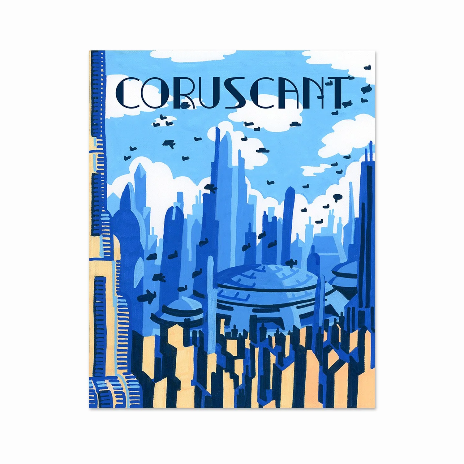 The cover art of a book titled "Corscant" features a stylized illustration of a futuristic cityscape in various shades of blue, with tall skyscrapers, flying vehicles, and a round structure in the foreground, all set against a sky with clouds and fly