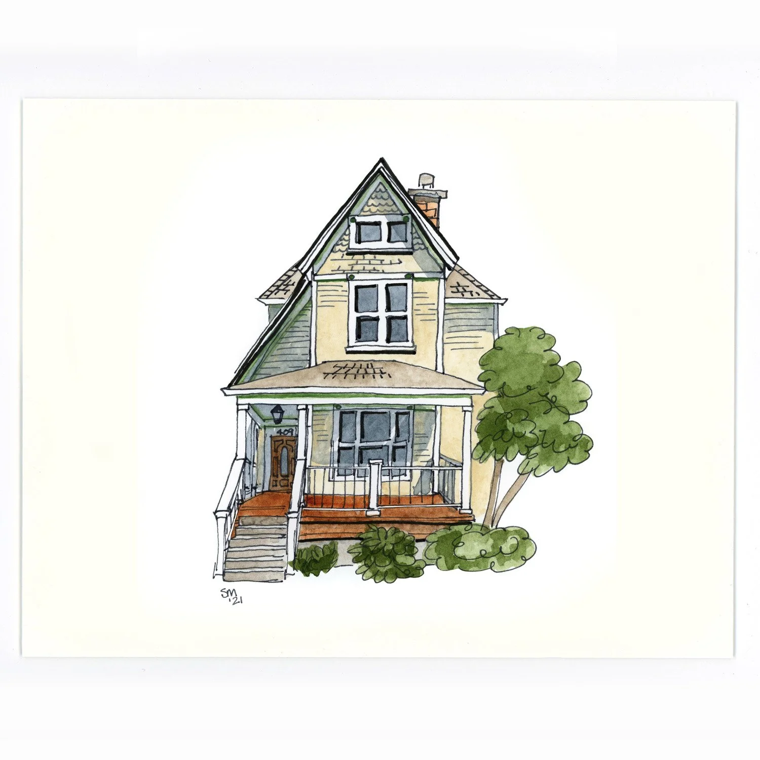 Hand-drawn watercolor illustration of a vintage house with a porch, stairs, and a tree in the yard.