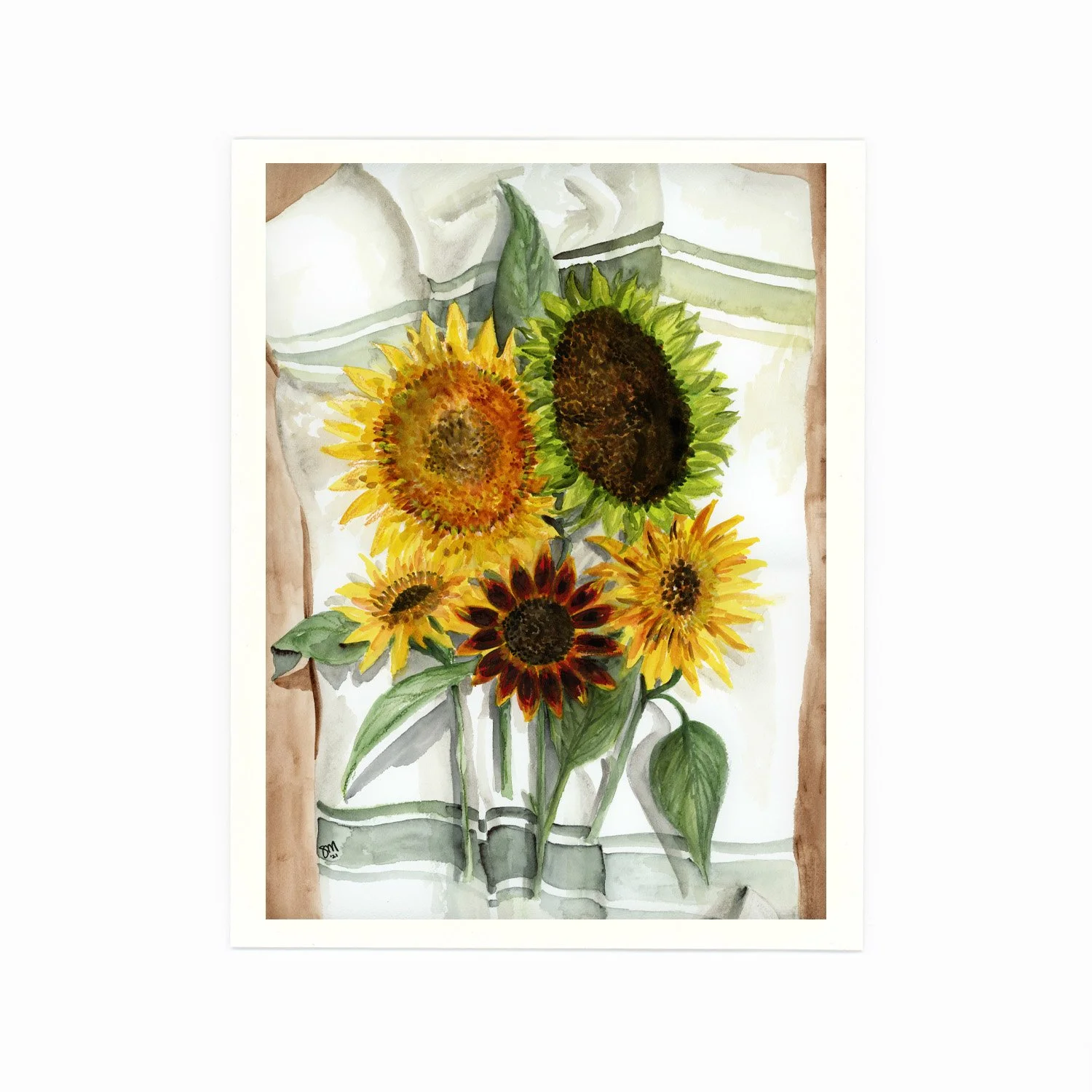 Watercolor painting of a bouquet of sunflowers in a glass vase, with green leaves, set against a light background.