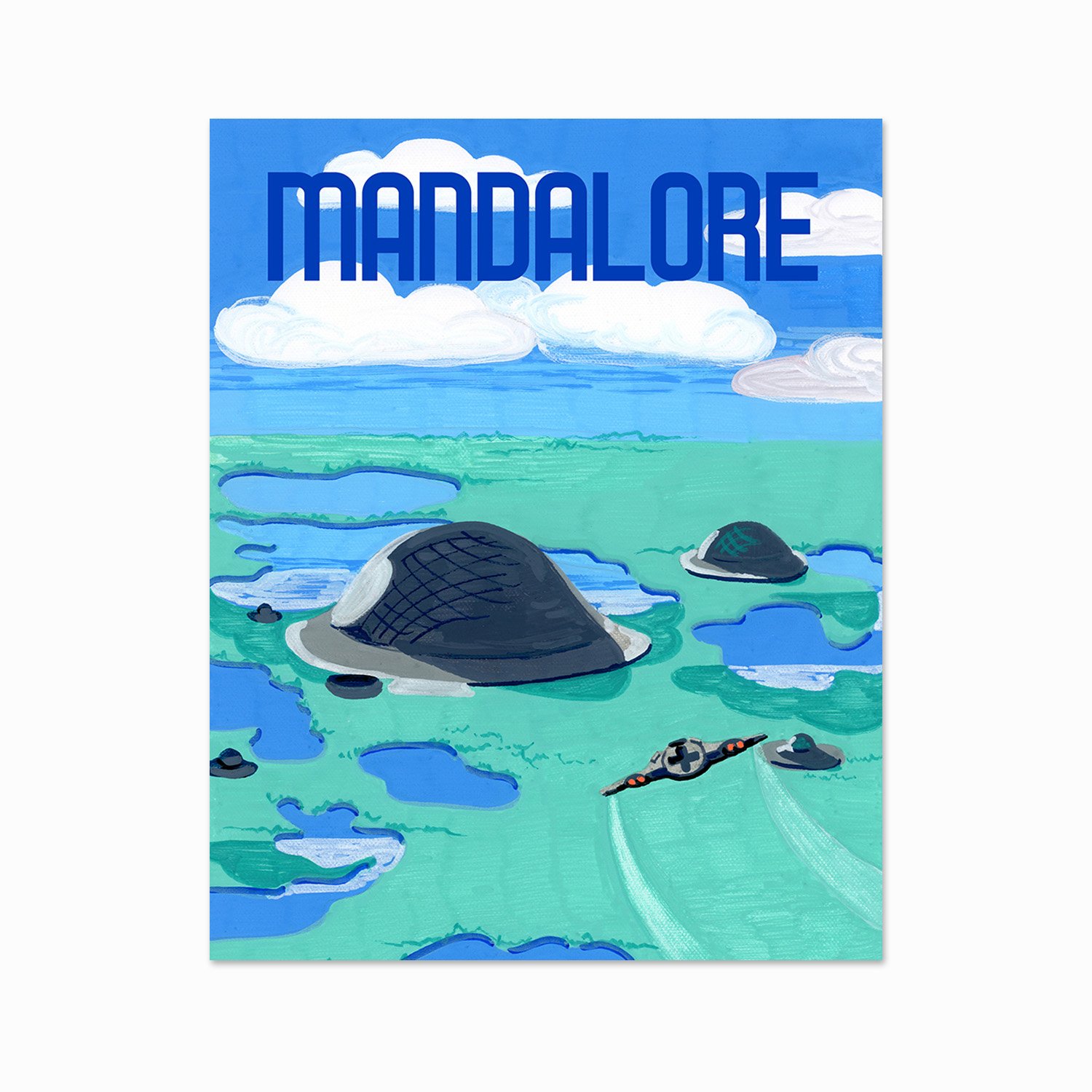 Colorful painting of a coastal scene with rocks, water, and clouds, and the word 'MANDALORE' in large blue letters at the top.