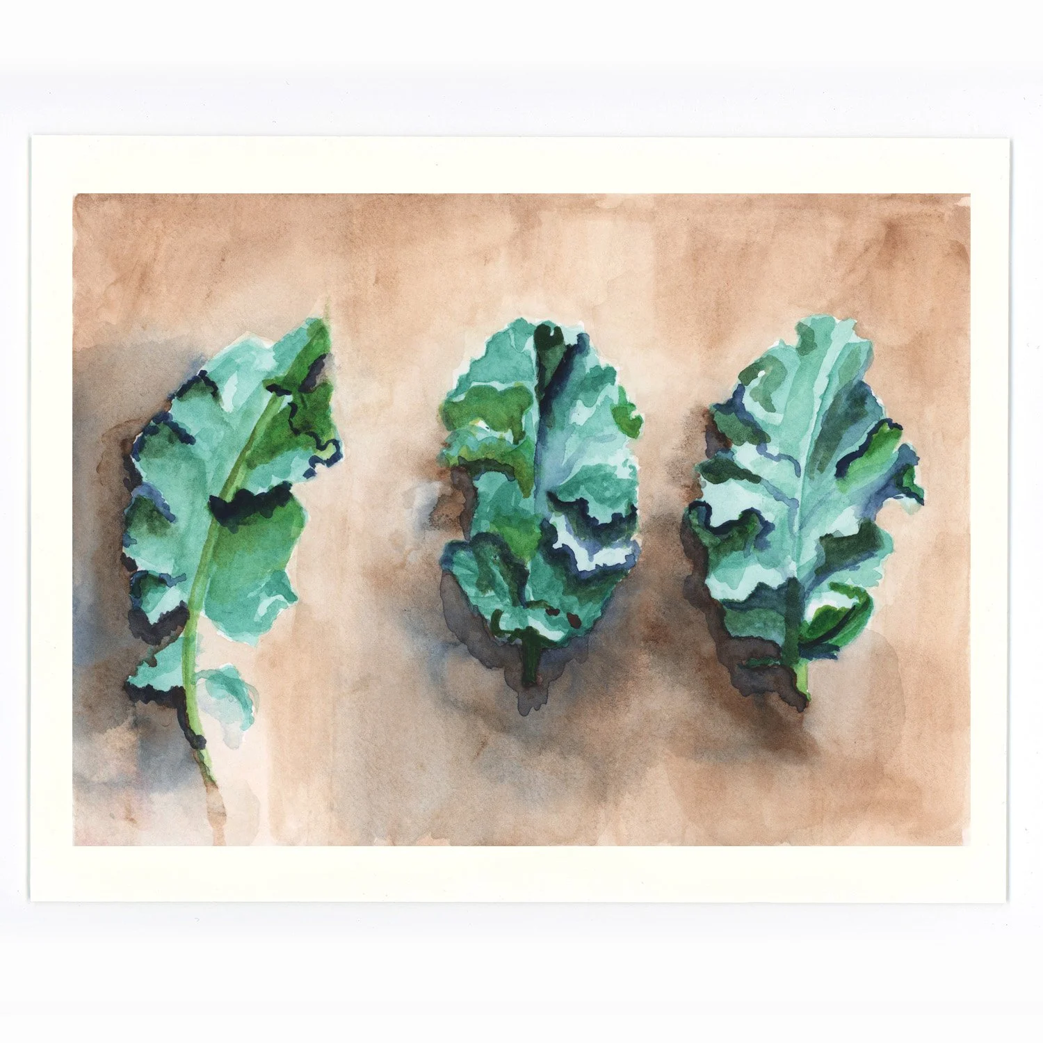 Watercolor painting of three kale leaves on a beige background.