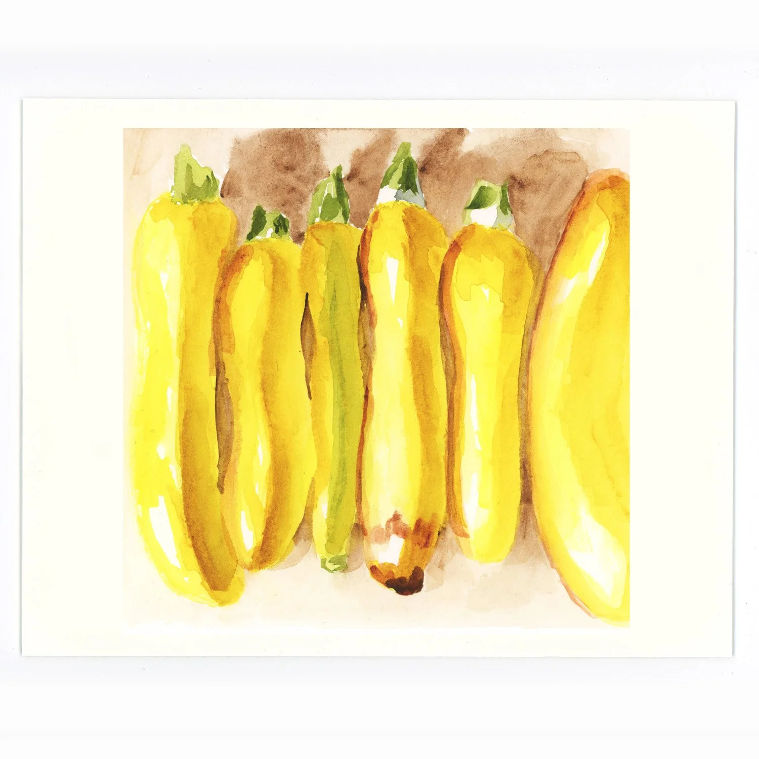 Watercolor painting of multiple yellow squash on a white background.