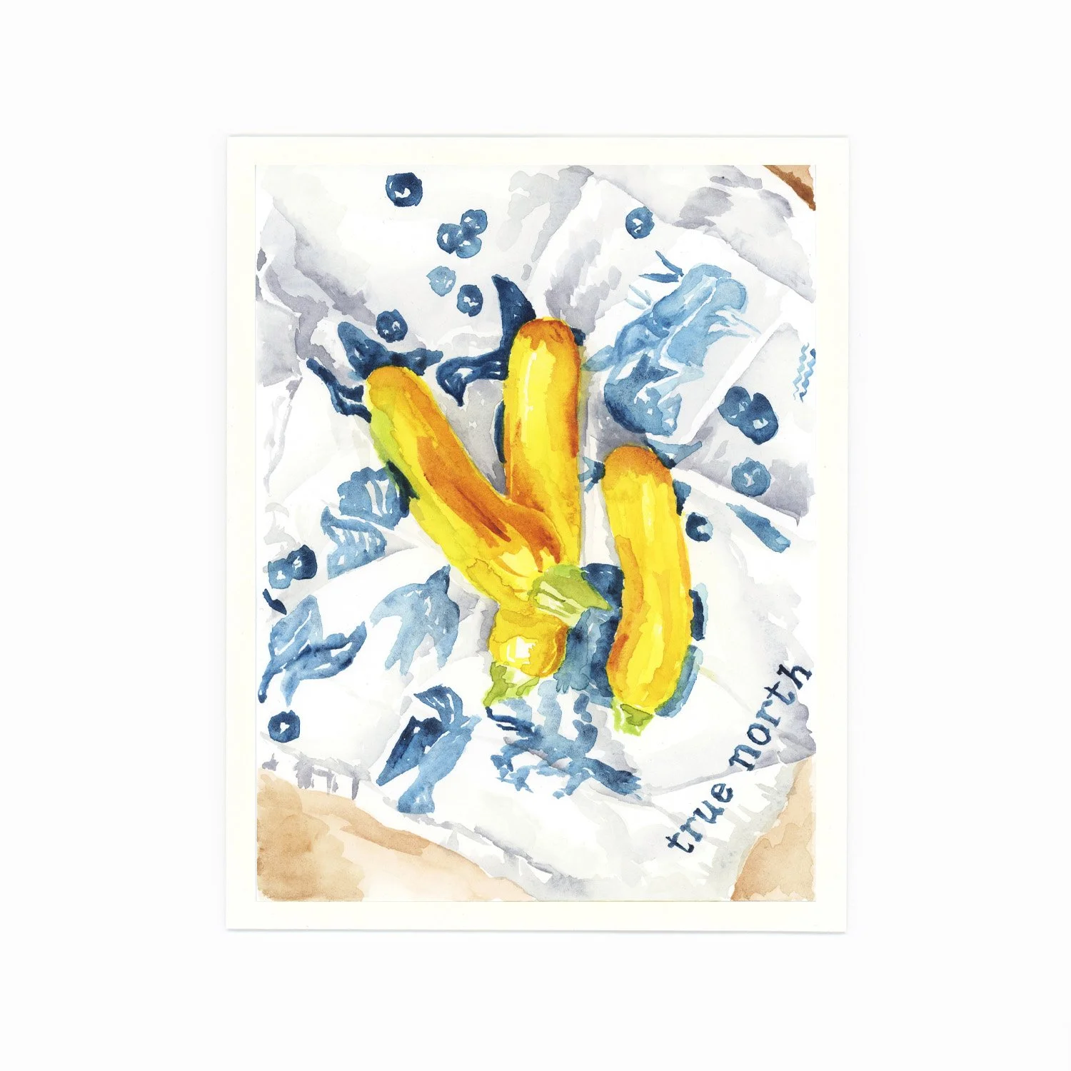 Watercolor painting of three yellow zucchini squash with green stems, surrounded by blue abstract shapes, with the partial phrase 'true north' visible.