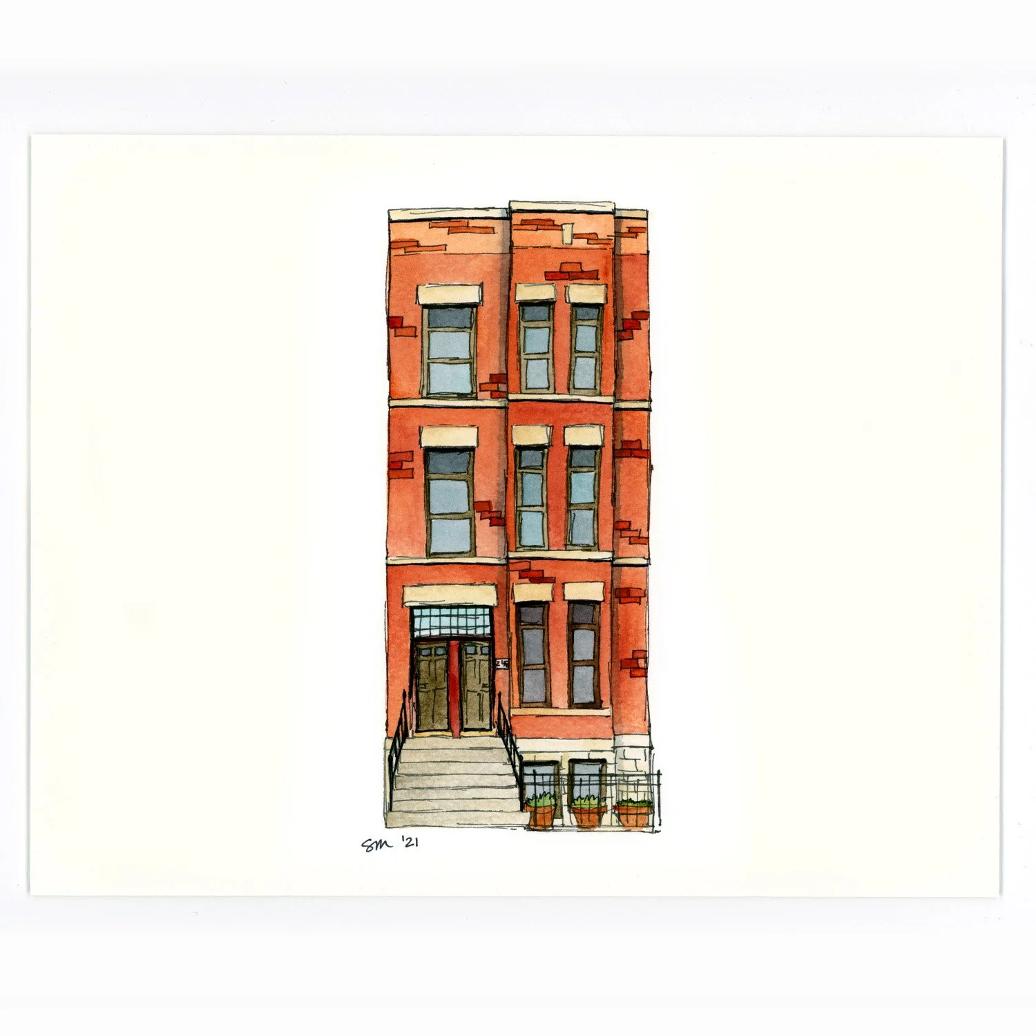 A watercolor painting of a red brick apartment building with four floors, each with windows and a small awning. The building has a set of stairs leading to green doors and potted plants at the front.