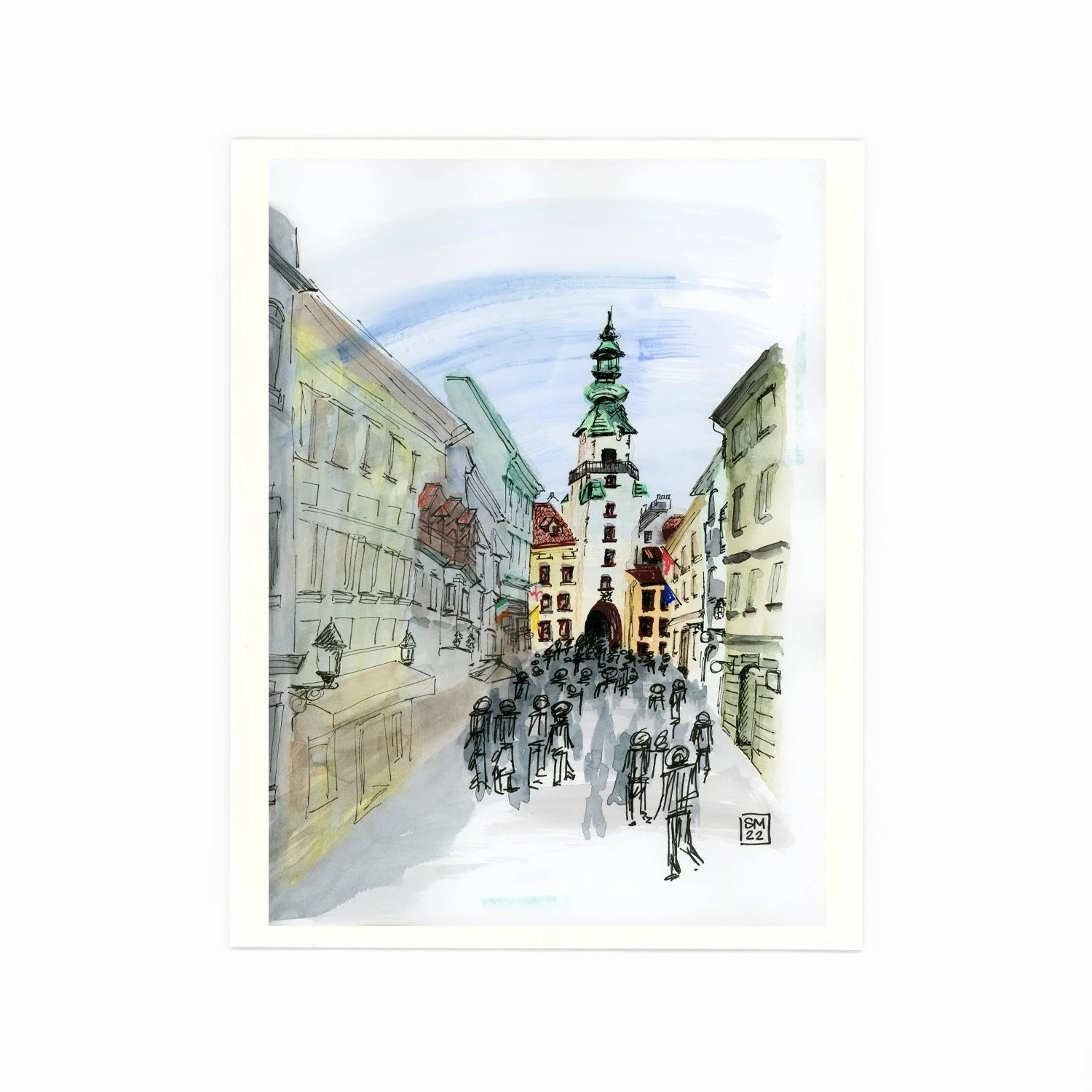 Watercolor sketch of a European city street scene with tall historic buildings, a prominent clock tower with a green spire, and a crowd of people walking along the street.