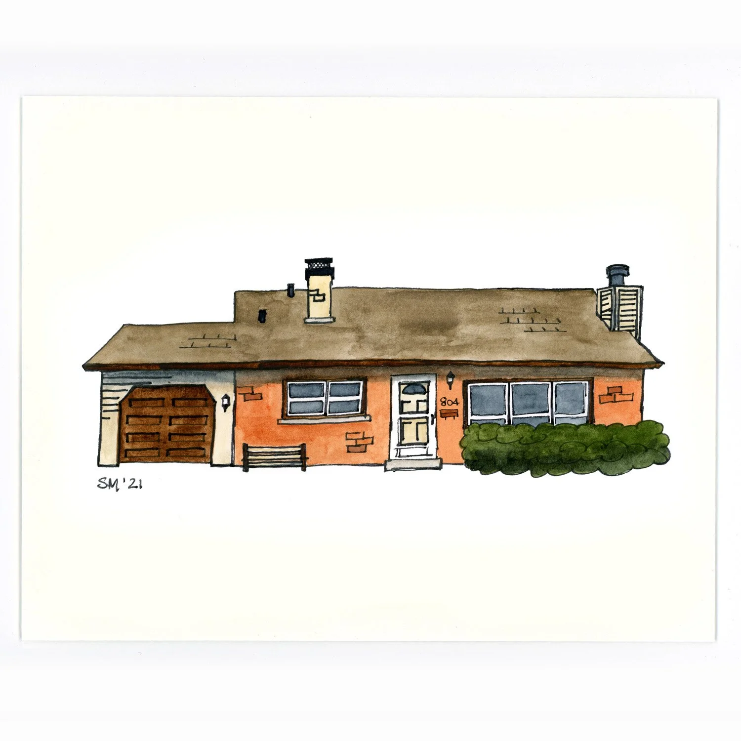 Watercolor illustration of a single-story brick house with a brown roof, green bushes in front, windows, a white front door, and a garage, marked with the number 804.