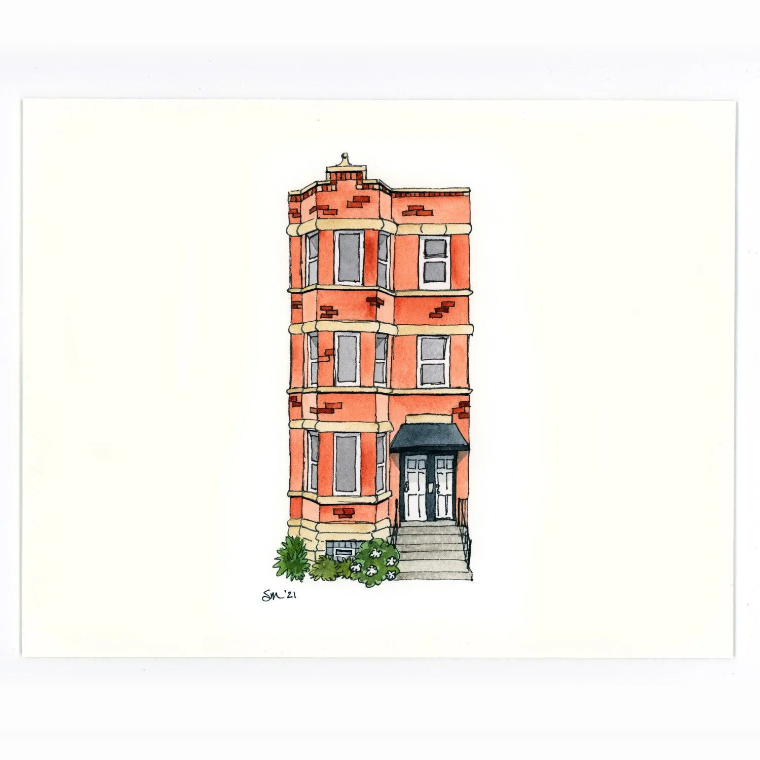 A watercolor painting of a red brick three-story building with black front door, steps, and small bushes in front.