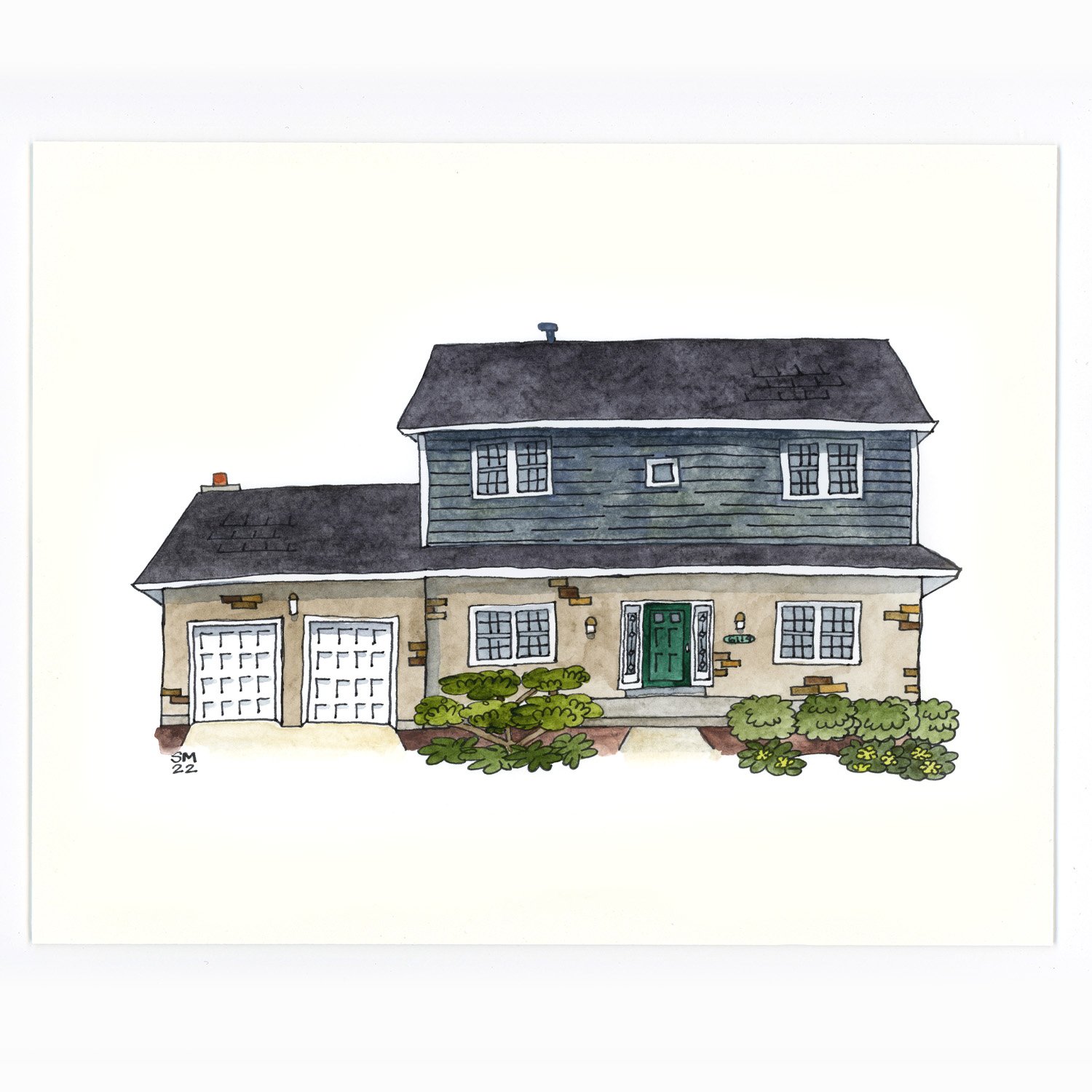 A watercolor illustration of a two-story house with a green front door, two garage doors, a blue upper floor, and a landscaped front yard with bushes and flowers.