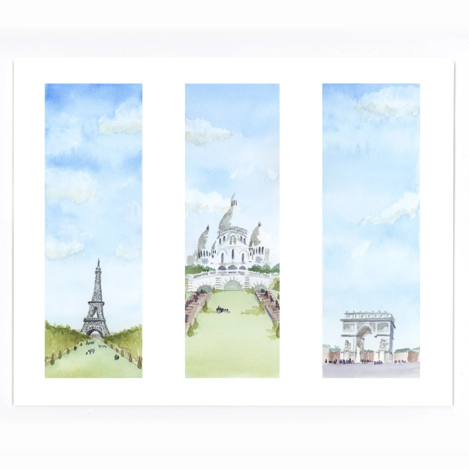 Watercolor paintings of famous landmarks in France: Eiffel Tower, Sacré-Cœur Basilica, and Arc de Triomphe.