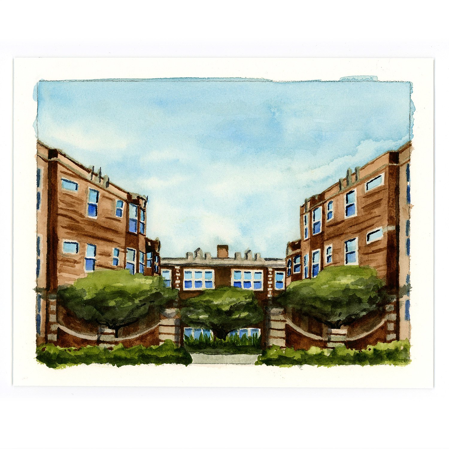 Watercolor painting of a multi-story apartment building with greenery in the foreground and a partly cloudy sky in the background.