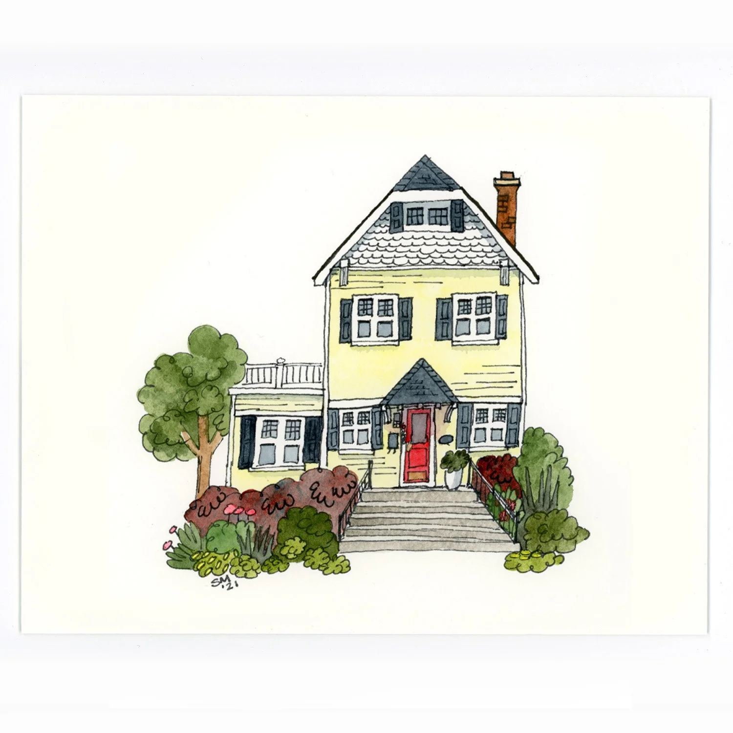 A watercolor illustration of a yellow three-story house with black window shutters, a red front door, stone steps leading to the entrance, surrounded by trees, shrubs, and flowering plants.