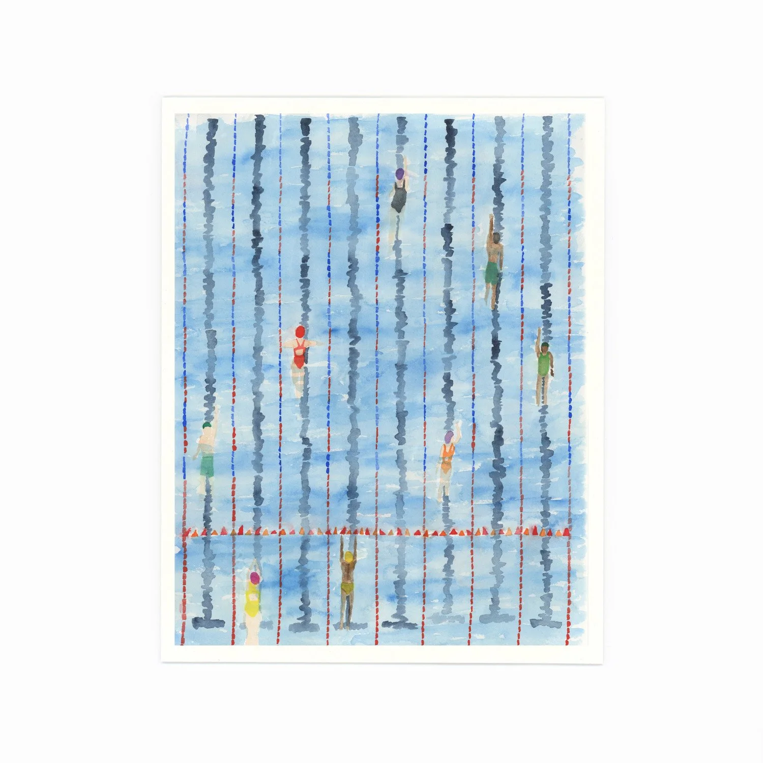 Watercolor painting of an outdoor swimming pool with swimmers in various colored swimsuits, lane dividers and reflections on the water.