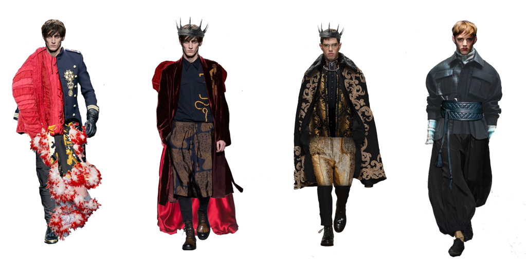 Models wearing eclectic high-fashion outfits, including military-inspired, regal, and avant-garde styles.