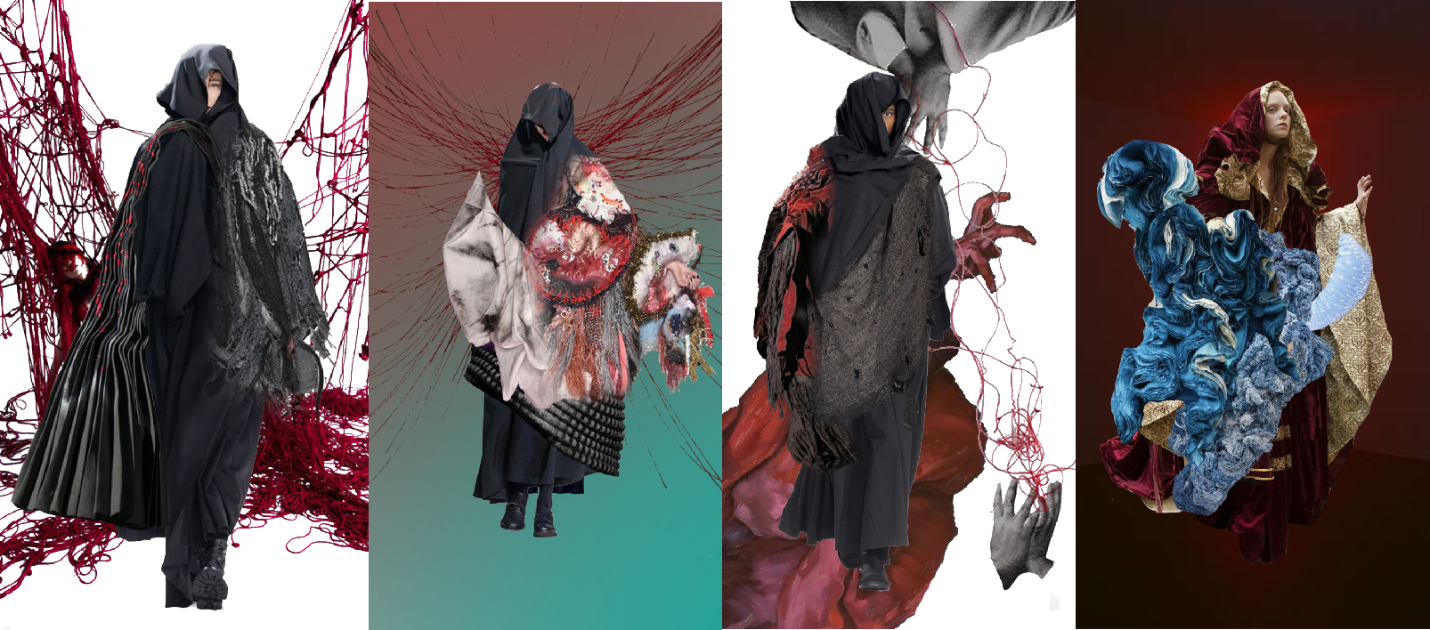 Four figures wearing avant-garde fashion designs, featuring dark and textured garments with elaborate, artistic details against abstract backgrounds.