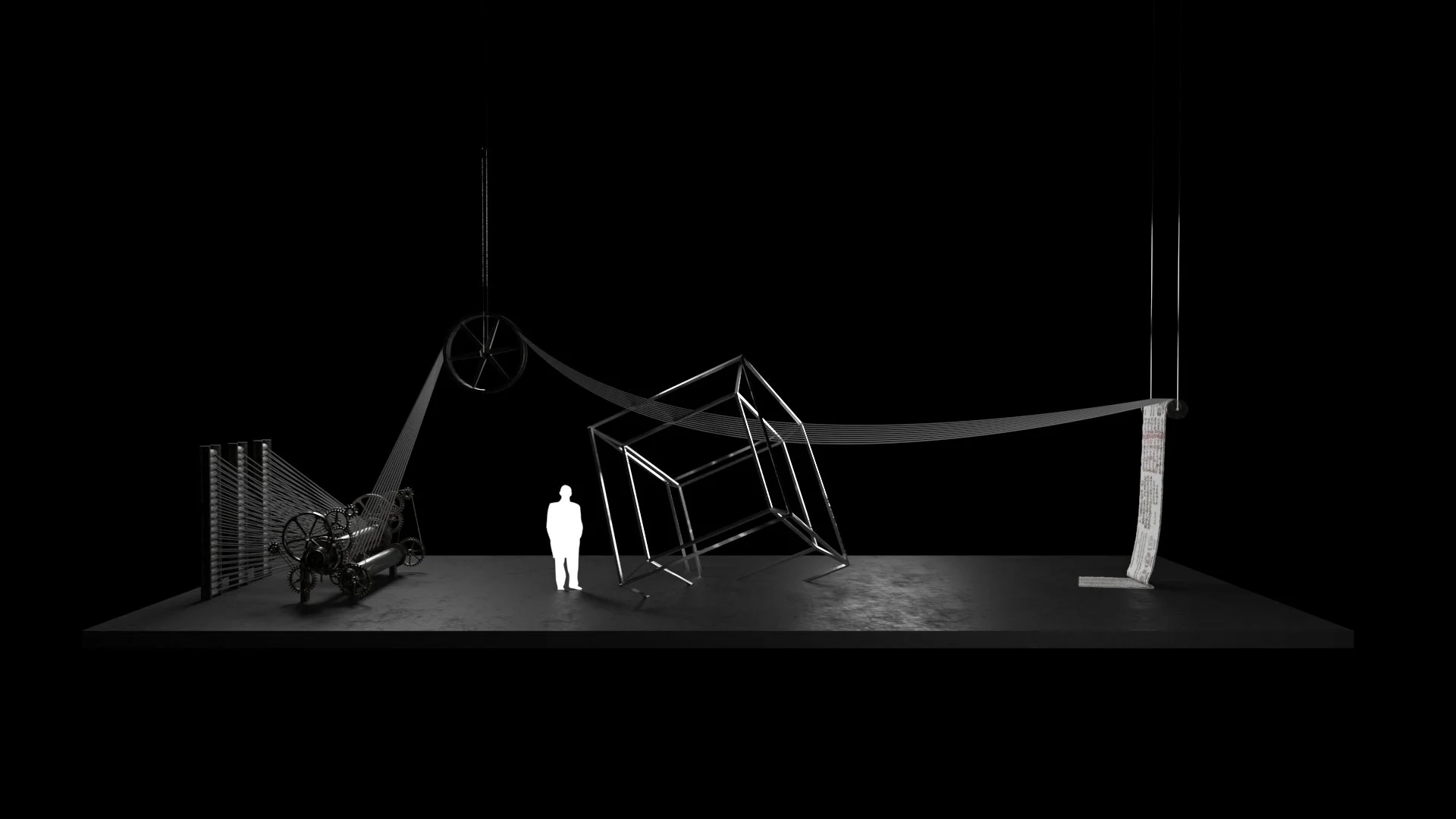 Abstract art installation with machinery, geometric structure, and text scroll